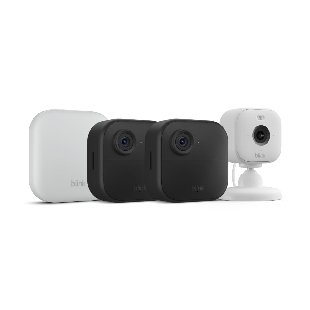 Blink  Outdoor 4 XR - Wireless Smart Security Camera 2-Pack + Mini 2 Plug-in Smart Security Camera, White Bundle (Sync Module Core Included)