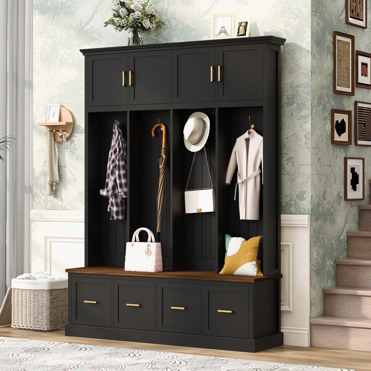 ModernLuxe - Assembly Required Farmhouse Entryway Hall Tree with Coat HooksCabinetsand Drawers