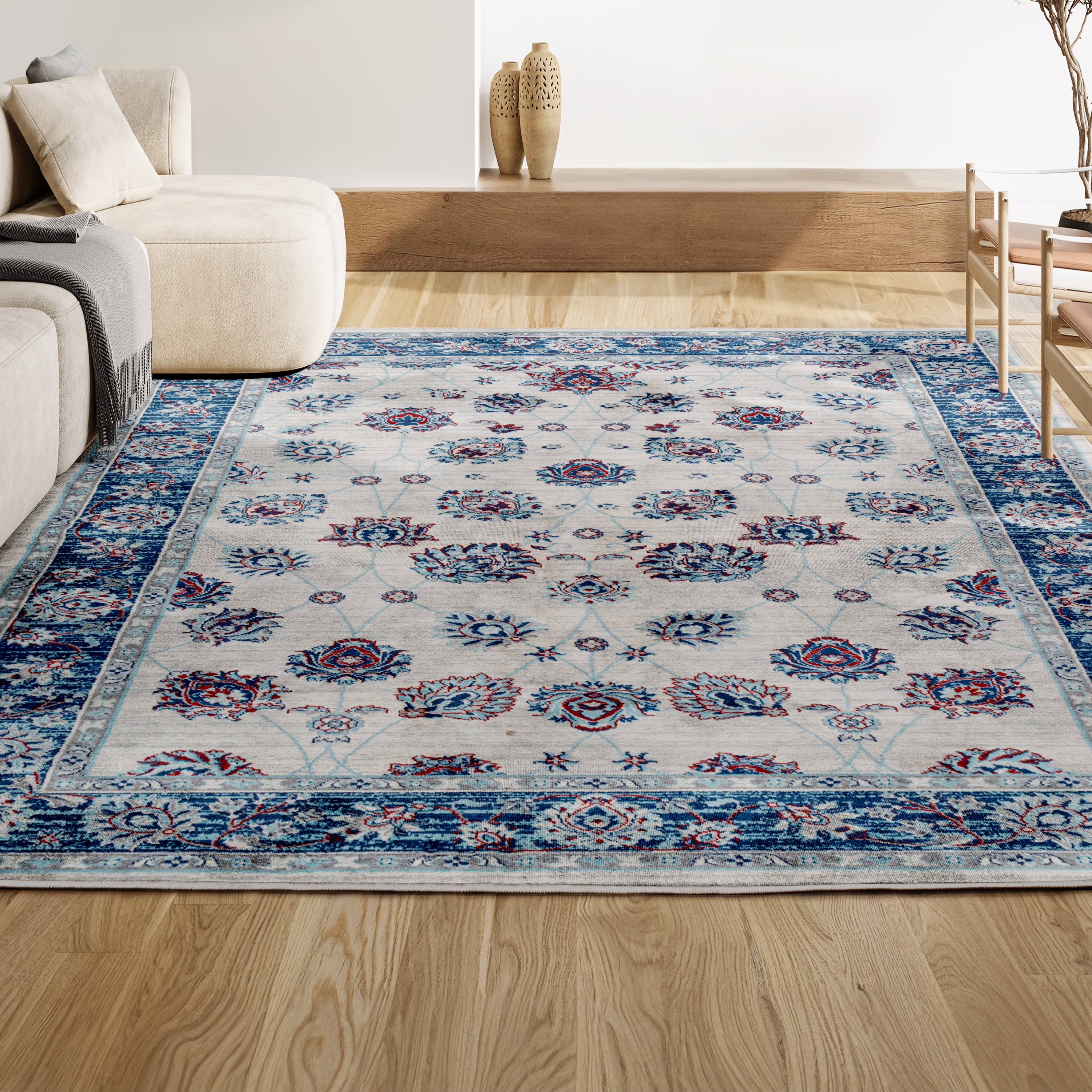 Elegant Ivory, Blue, and Red Vintage Persian-Style Runner Rug