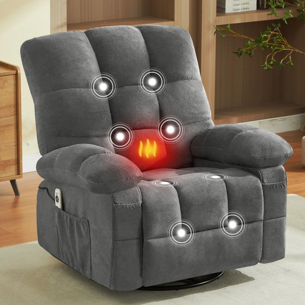 Coolbibila ANNA-RECLINER-GRAY Oversized Gray Massage Swivel Recliner Chair with Vibration Lumbar Heating and USB for Living Room