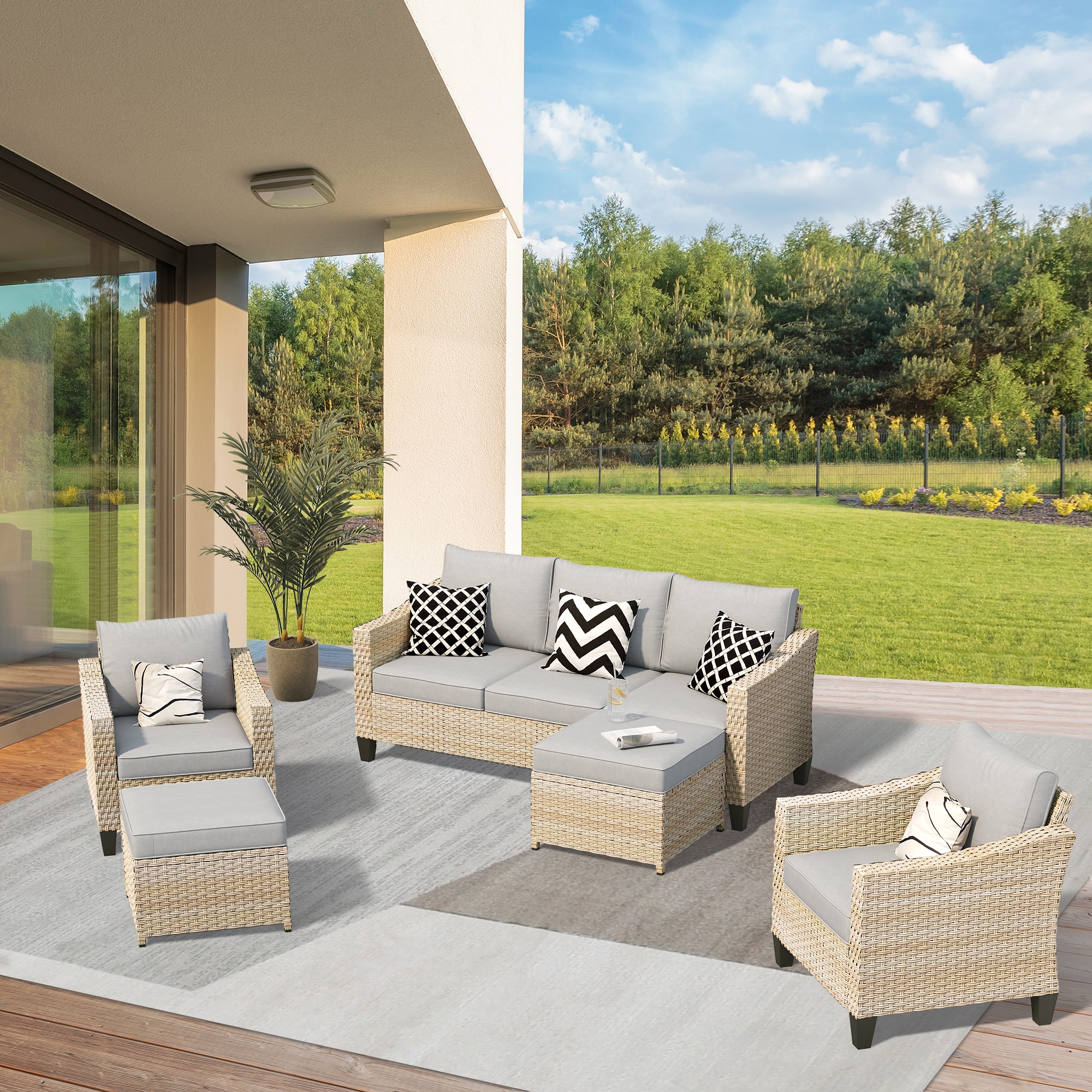 weaxty HMBDAR405 Athena 5 -Piece Wicker Patio Sofa Conversation Set with Gray Cushions
