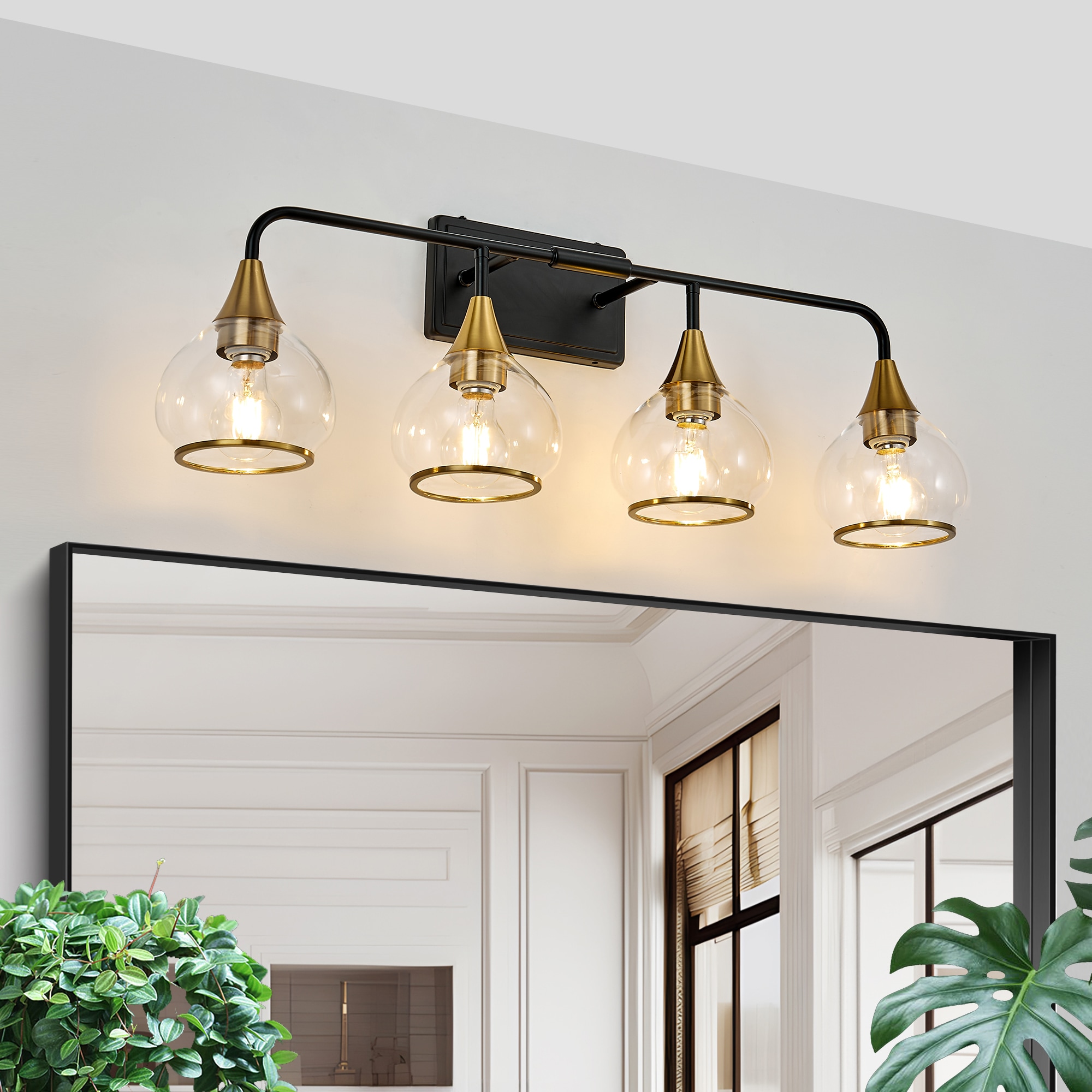GDFStudio 31 Inch Modern 4 Light Vanity Wall Sconce Black and Gold Bathroom Light Fixture with Clear Glass Shades Industrial Wall Mounted Lamp for Mirror Vanity and Living Spaces Bulb Not Included