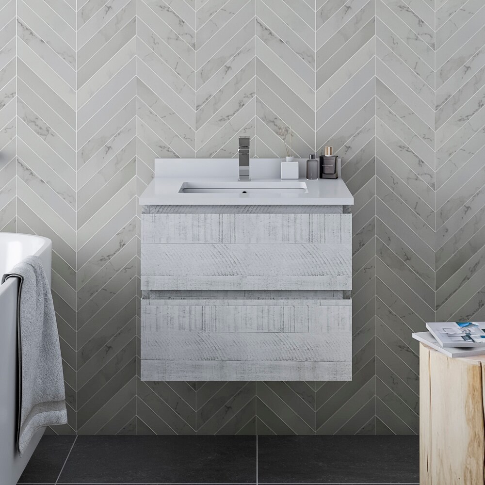 Rustic White Acacia Wood Wall-Mount Single Sink Vanity Base