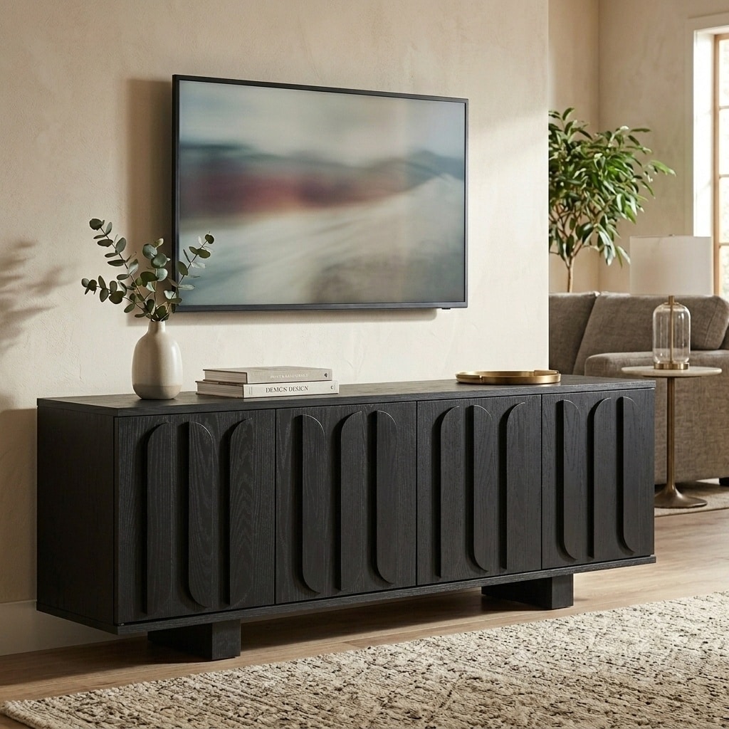 Horizons Prime - 63 inch Black MDF Farmhouse TV Stand with Curved Wood Decorative Handles and Adj...