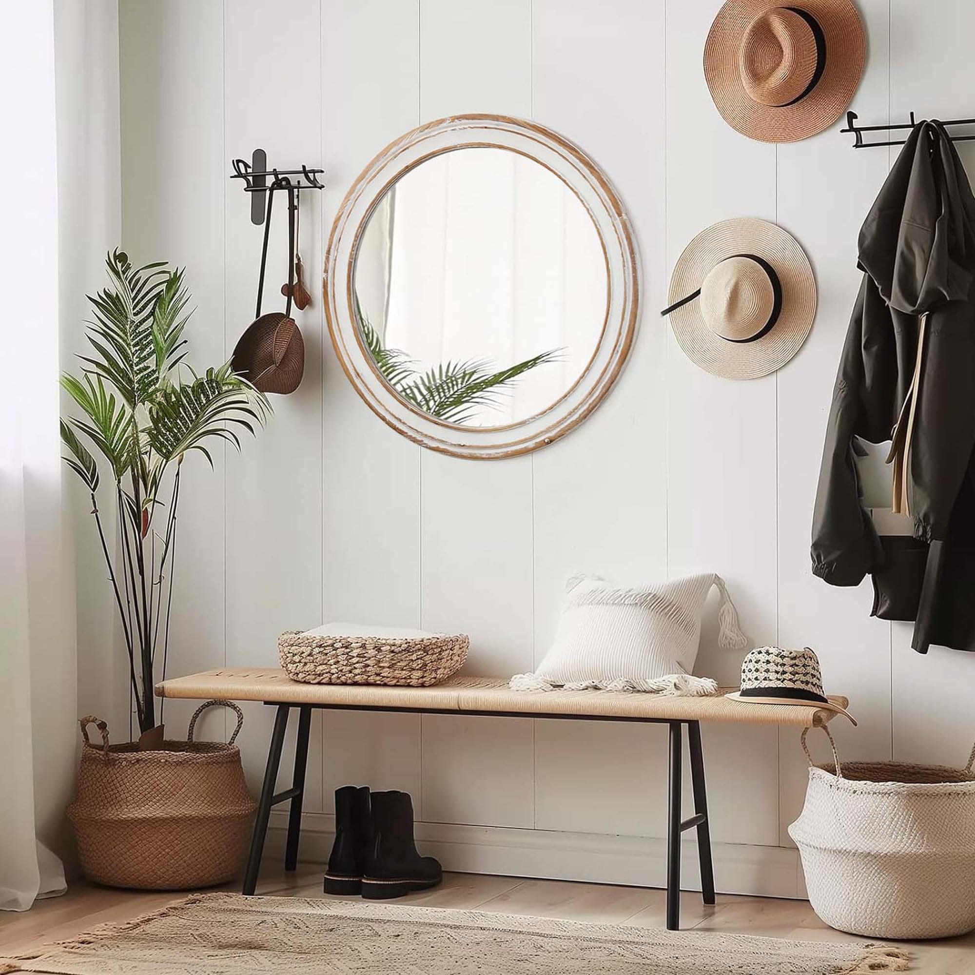 Misopily 27.5 inch round wall mirror distressed wood frame vintage farmhouse style for bathroom bedroom entryway living room office whitewash