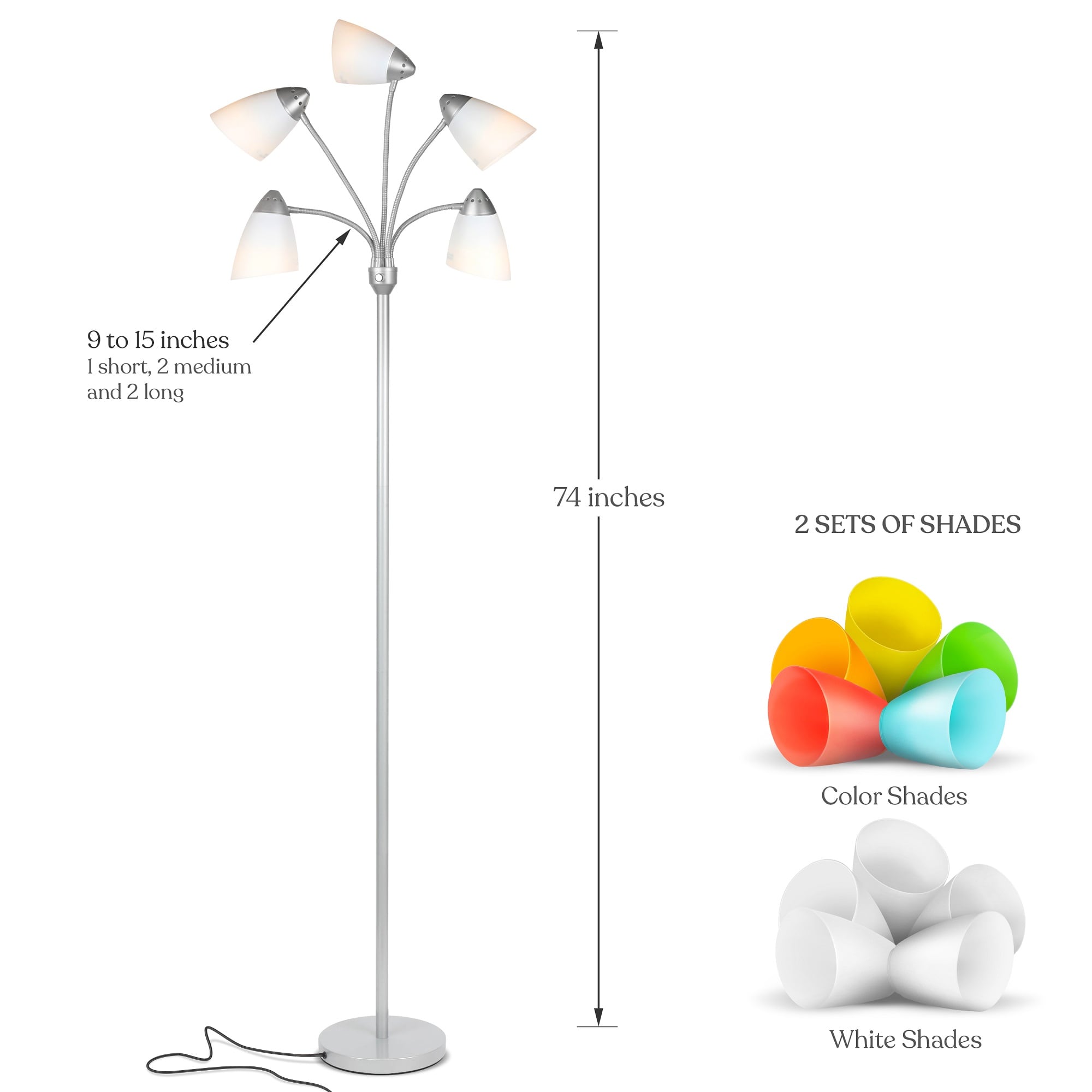 Medusa 74" Adjustable Multi-Head LED Floor Lamp with Color Shades