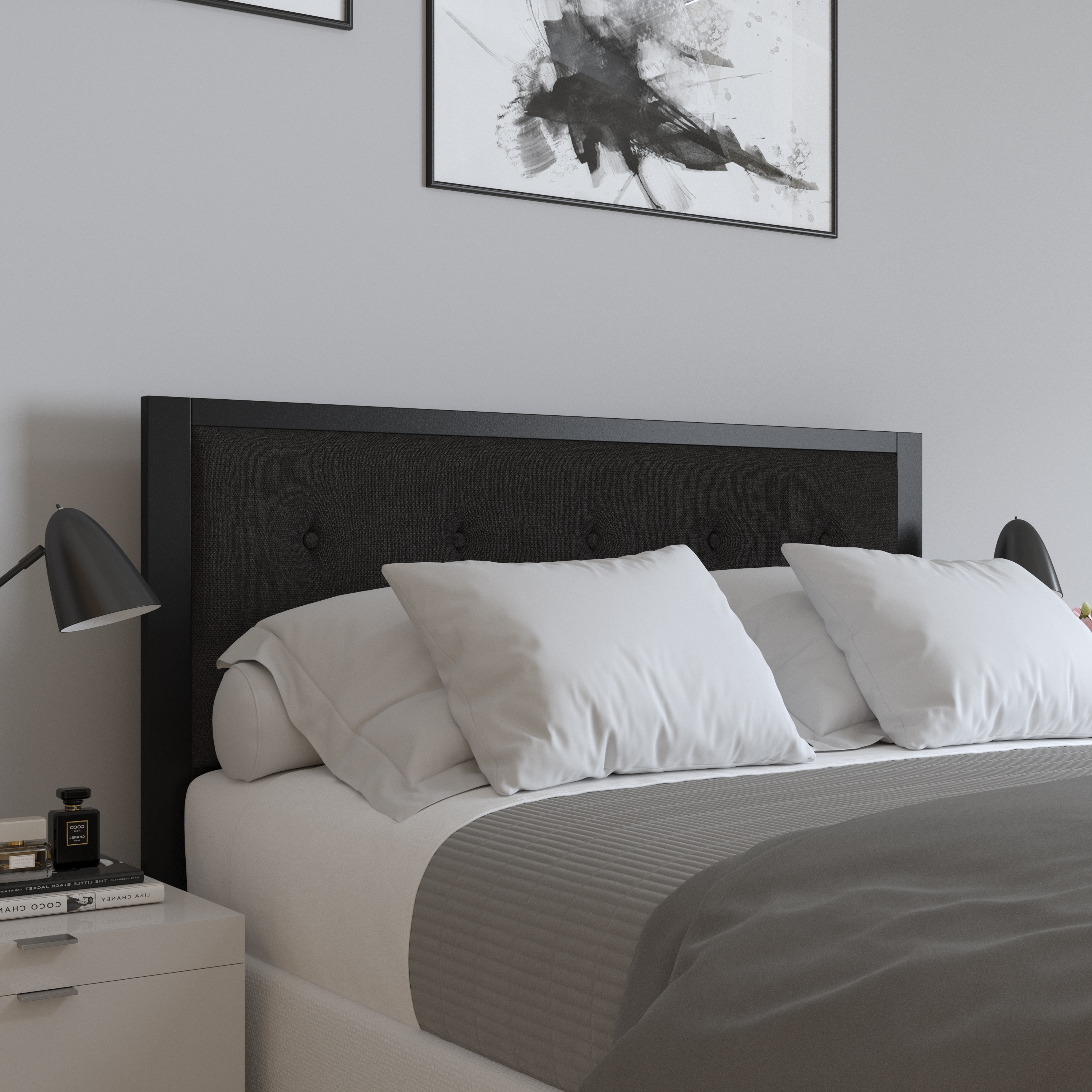 Merrick Lane Camden Queen Size Headboard Black Fabric Upholstered Button Tufted Headboard With Metal Frame and Adjustable Rail Slots