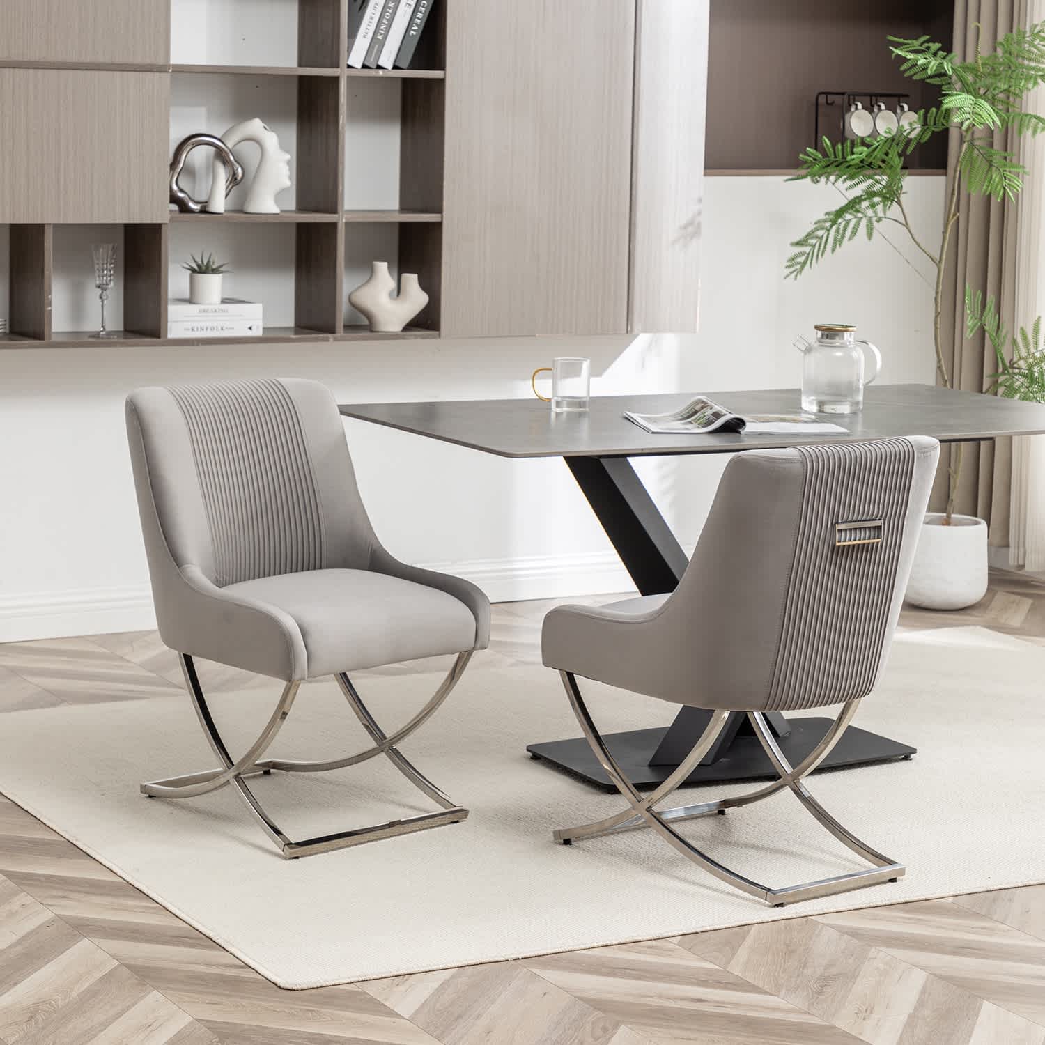 SEYNAR XY733-GREY-S2 Contempoary Velvet Dining Chair Set of 2 with Metal Frame Legs and Back Pull