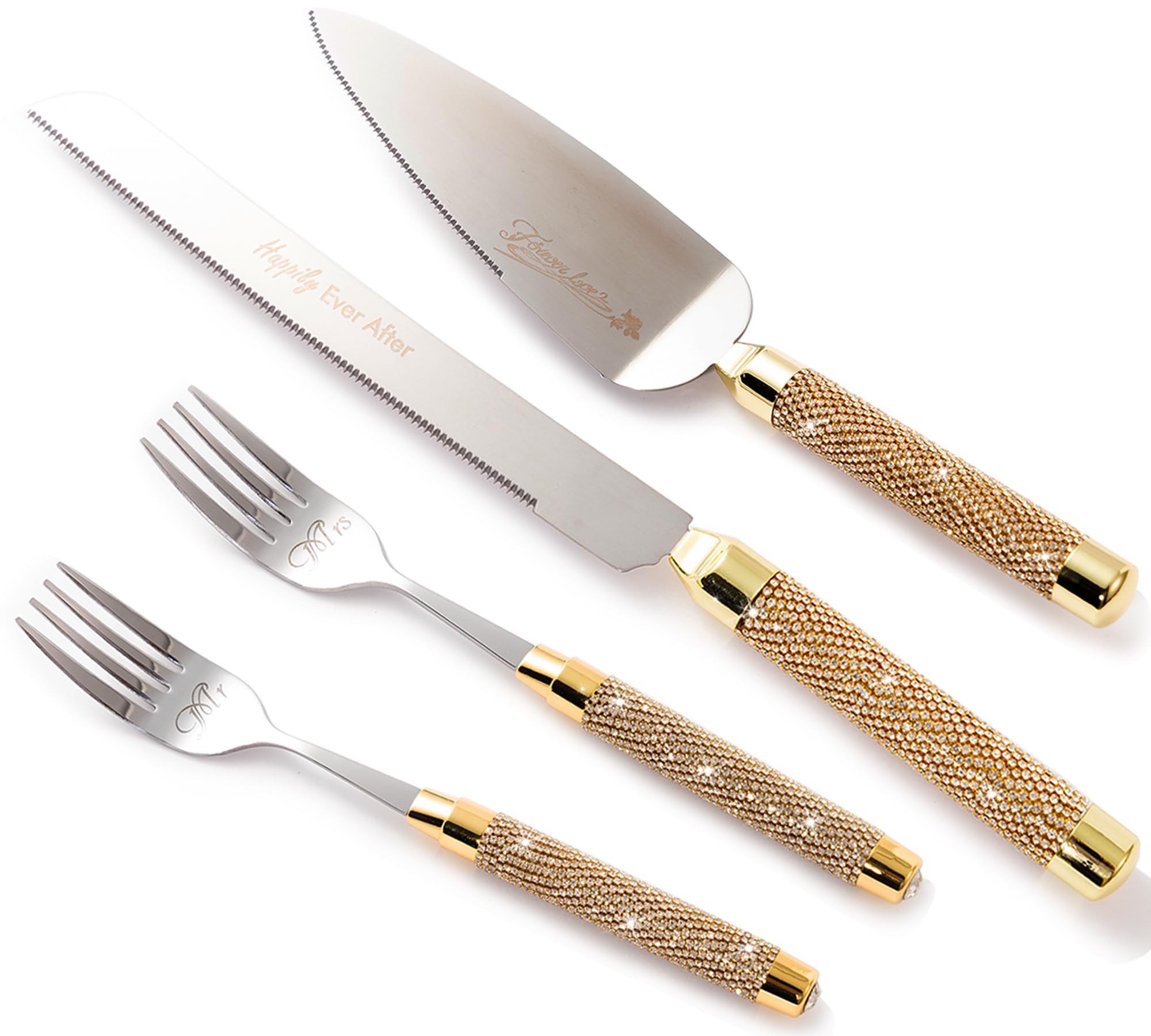 Aoibox  Gold Wedding Cake Cutting Set with Knife Server and Fork Featuring Rhinestone Trimmed Handles Wedding