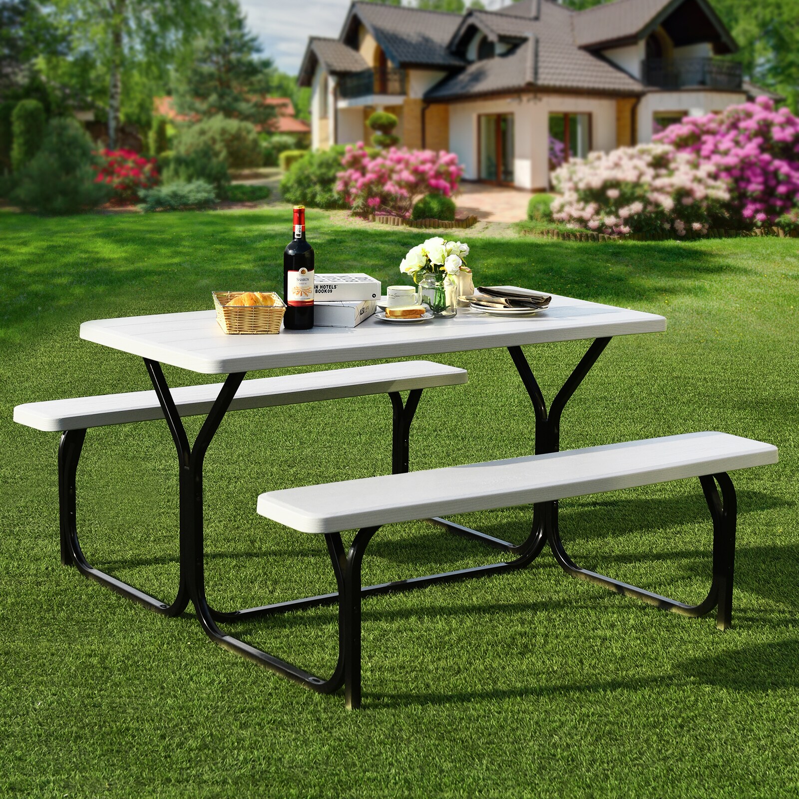 White Steel Frame Outdoor Picnic Table Bench Set