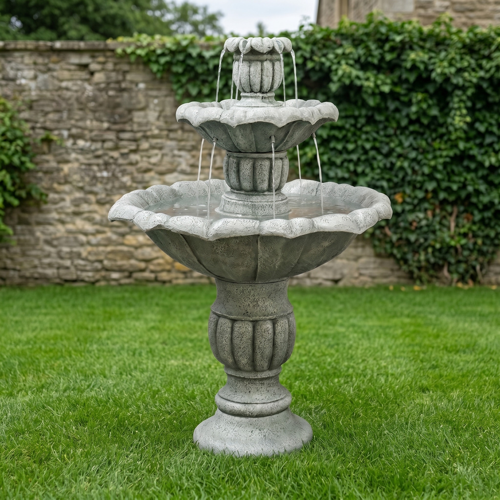 Watnature Sturdy Concrete 3 Tier Water Fountain 39 Inch Mediterranean Outdoor Decorative Fountain for Lawn Yard Garden Patio Outdoor Landscape