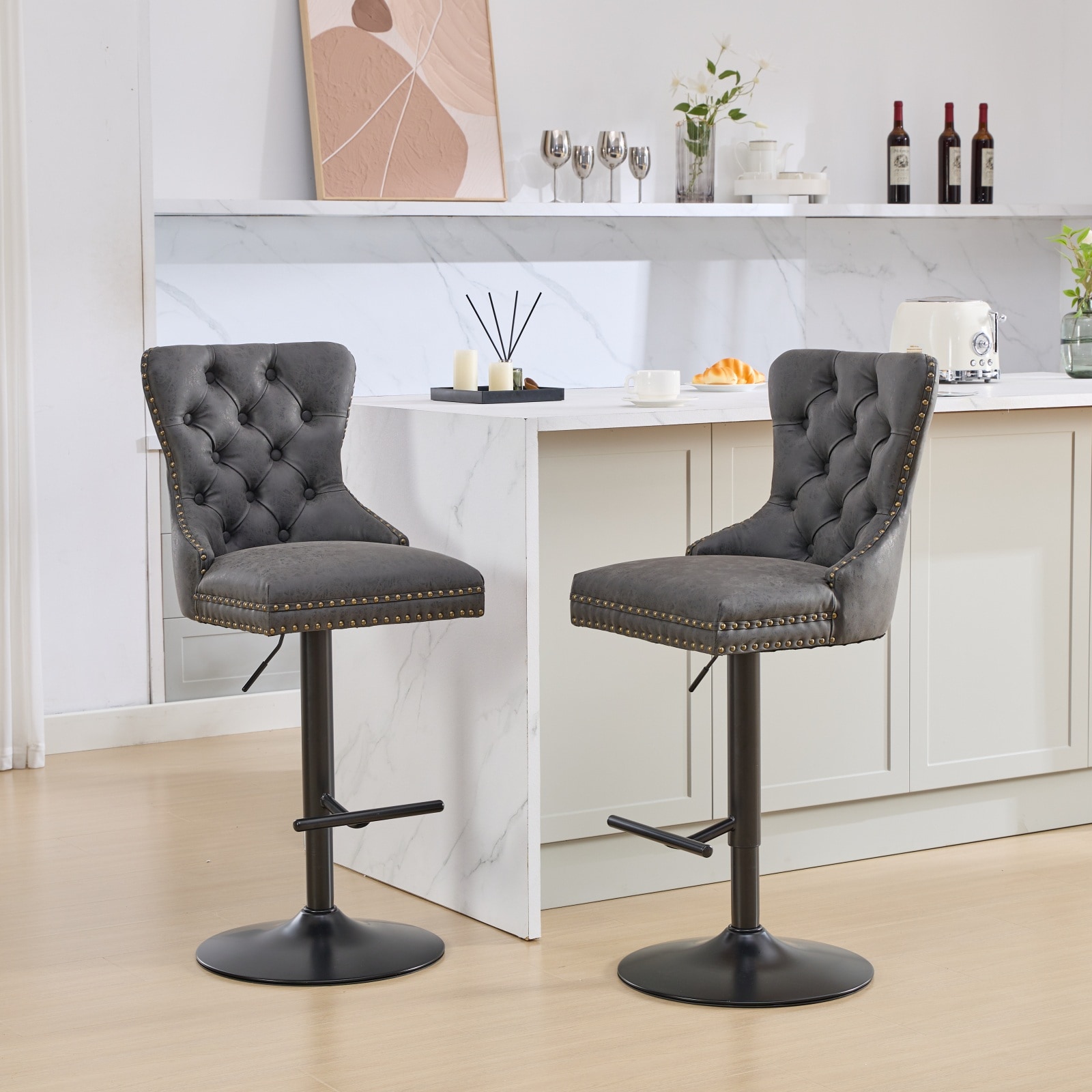 Flynama Gray 27.1-in H Adjustable Tall Upholstered Swivel Metal Bar Stool 2 -Pack