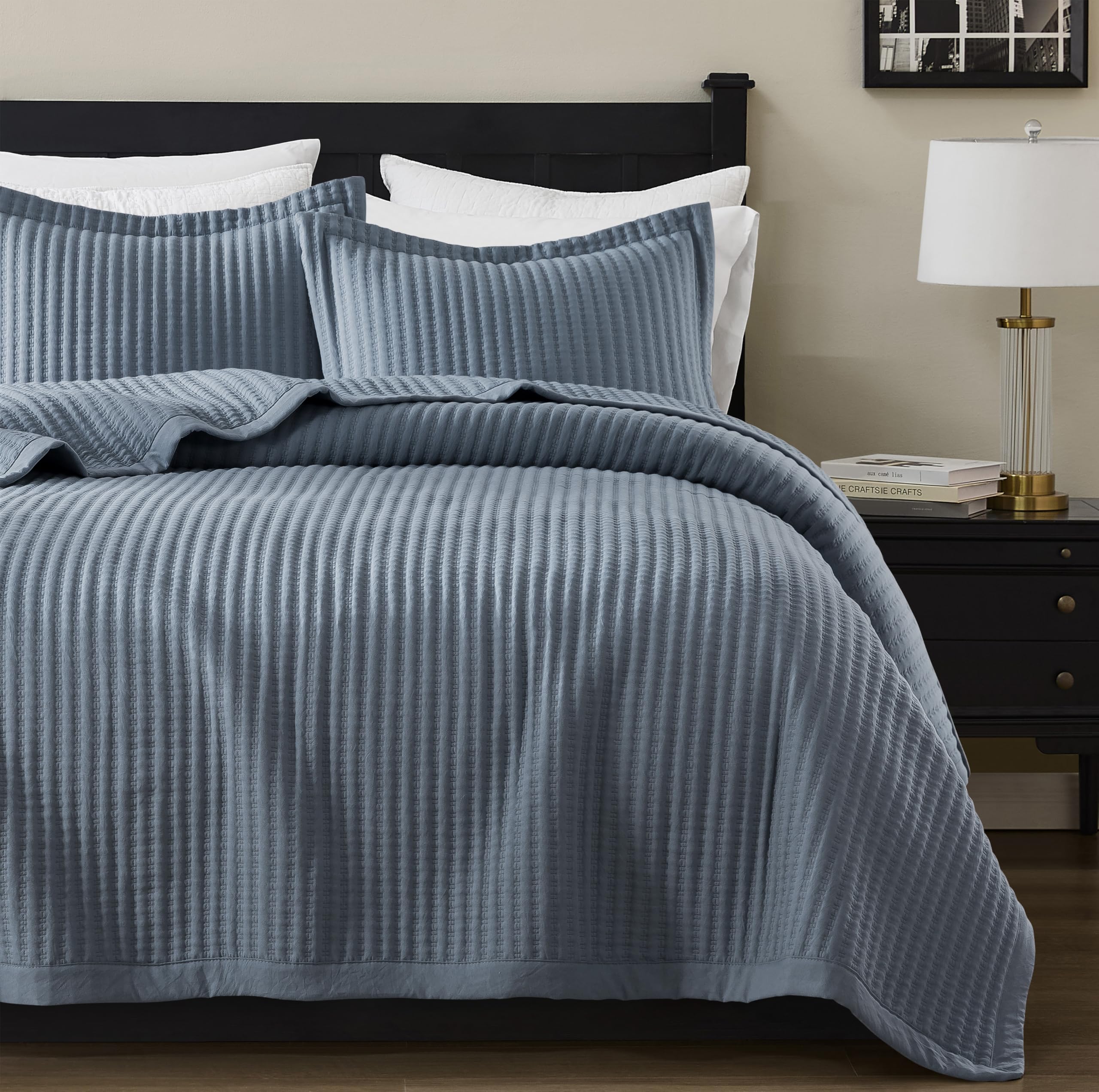 WZKZLH Dusty Blue King 104x90 in Boho Pattern Yarn Dyed Muslin Quilt Bedding Set Soft Lightweight Breathable All Season Pre washed Cotton Bedspread With Pillow Shams 3 pieces