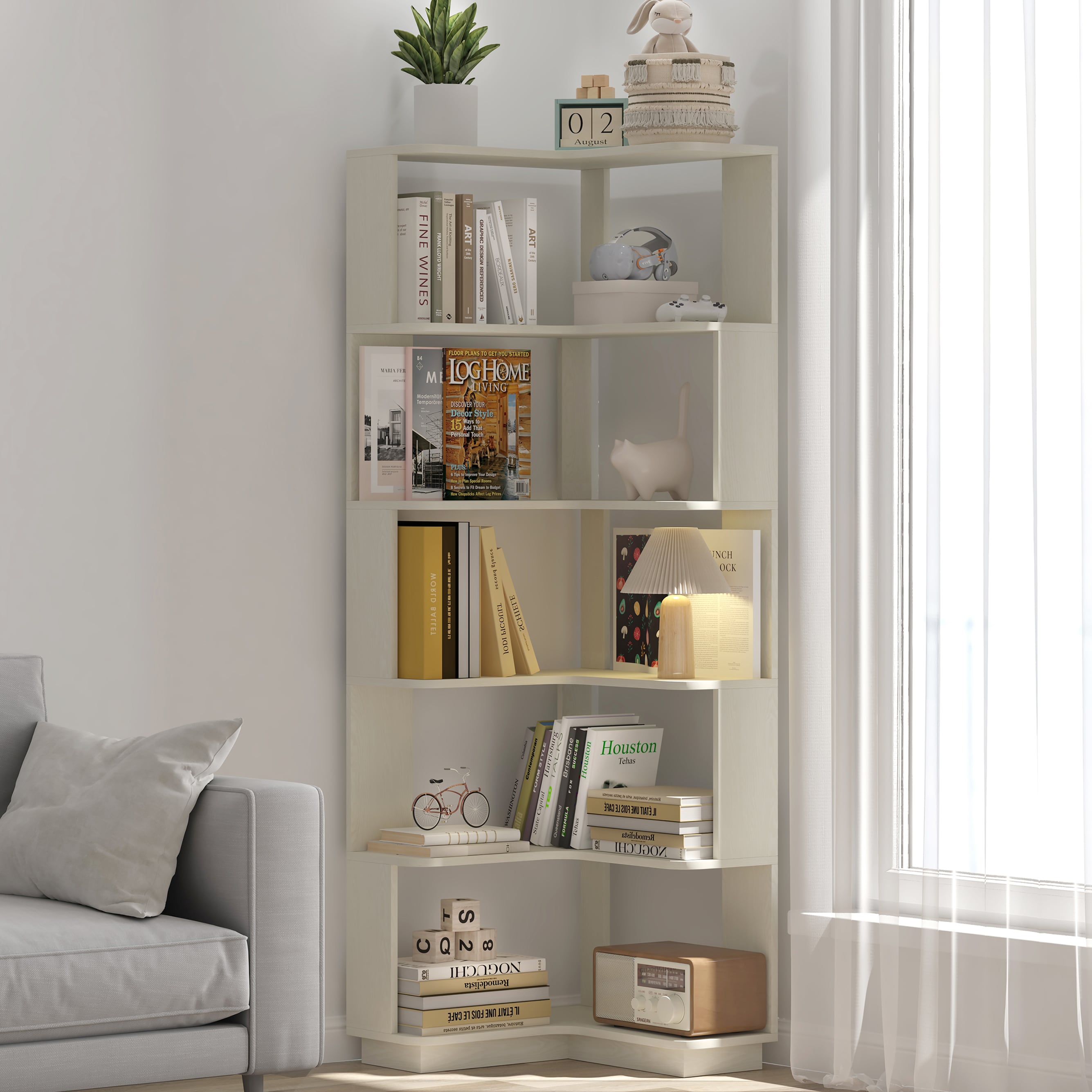 LUXEYARD - 6 Tier Freestanding L-Shaped Corner Bookshelf For Living Room Bedroom Wooden Bookcase ...