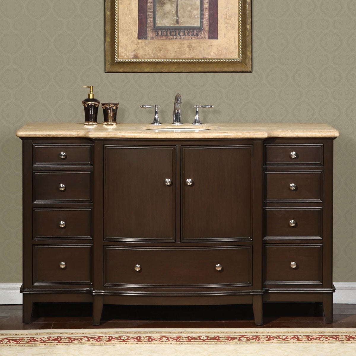 60-in Dark Walnut Undermount Single Sink Bathroom Vanity with Travertine Top in Brown | - Silkroad Exclusive HYP-0237-T-UWC-60