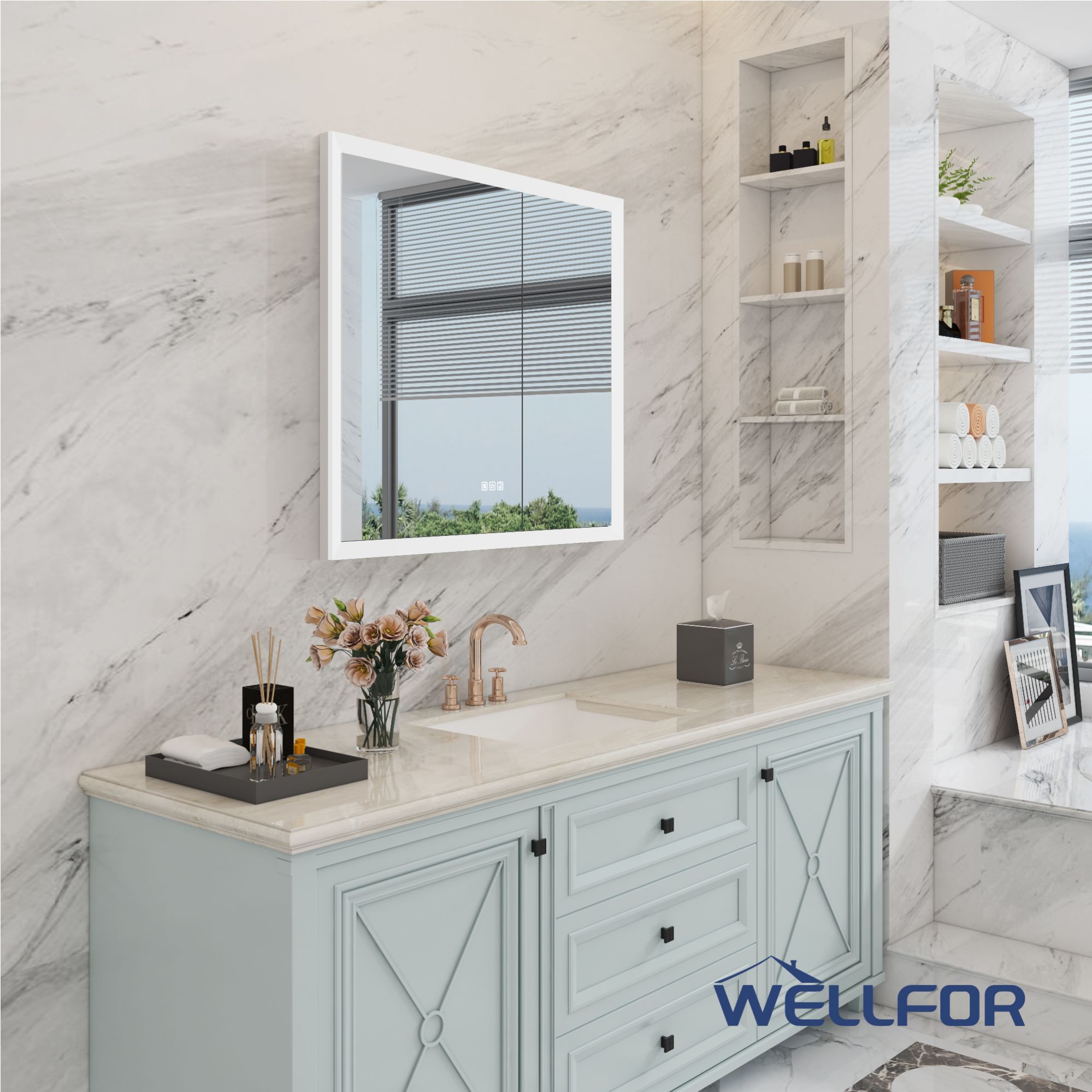 WELLFOR 30-in x 32-in x 5.6-in Silver Soft Close Bathroom Wall Cabinet
