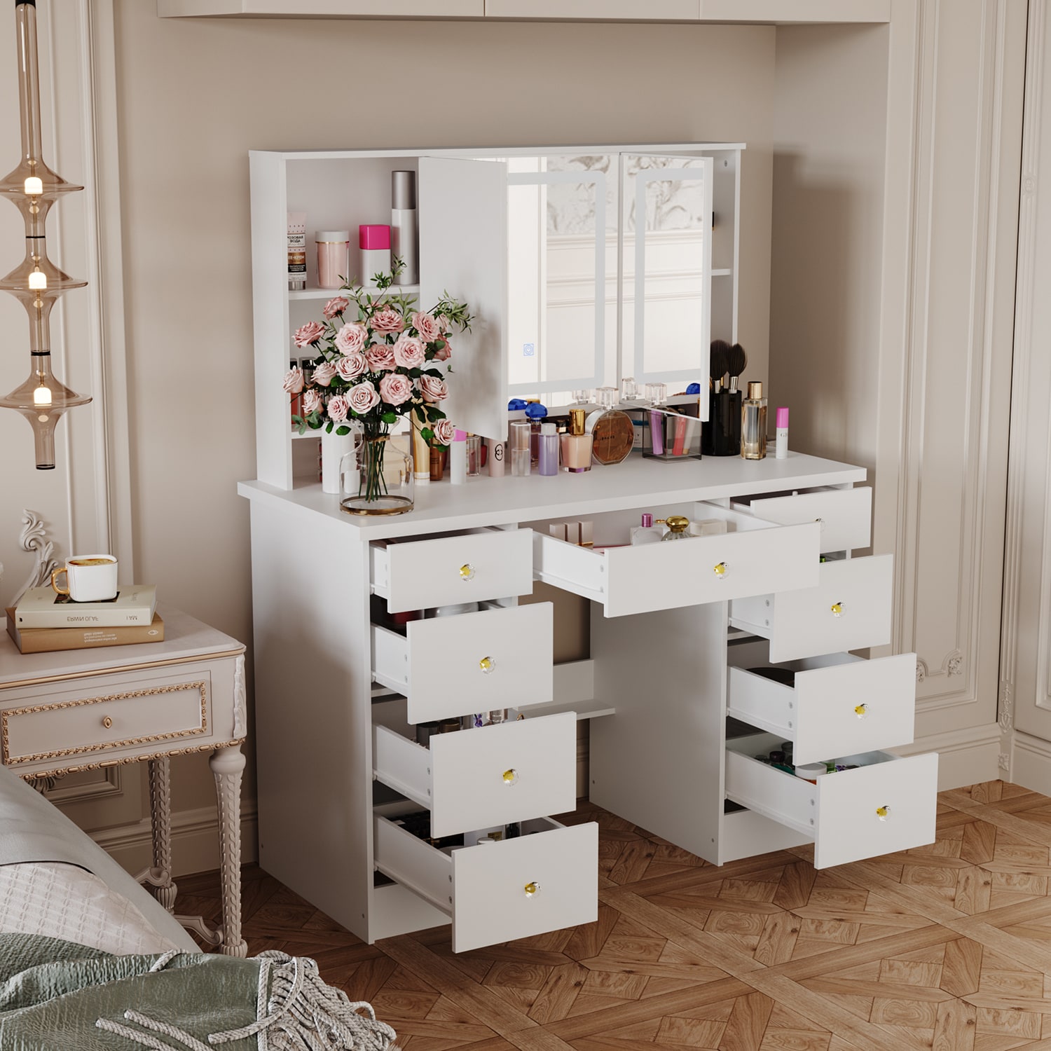 43.3W Makeup Vanity White Vanity Desk with Hidden Storage Shelves
