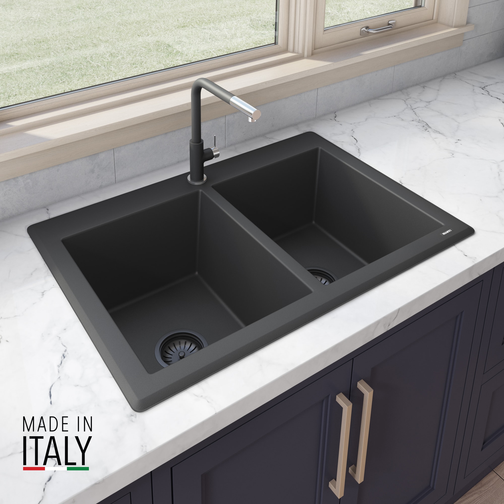 Midnight Black Granite Composite Double Bowl Drop-In Sink