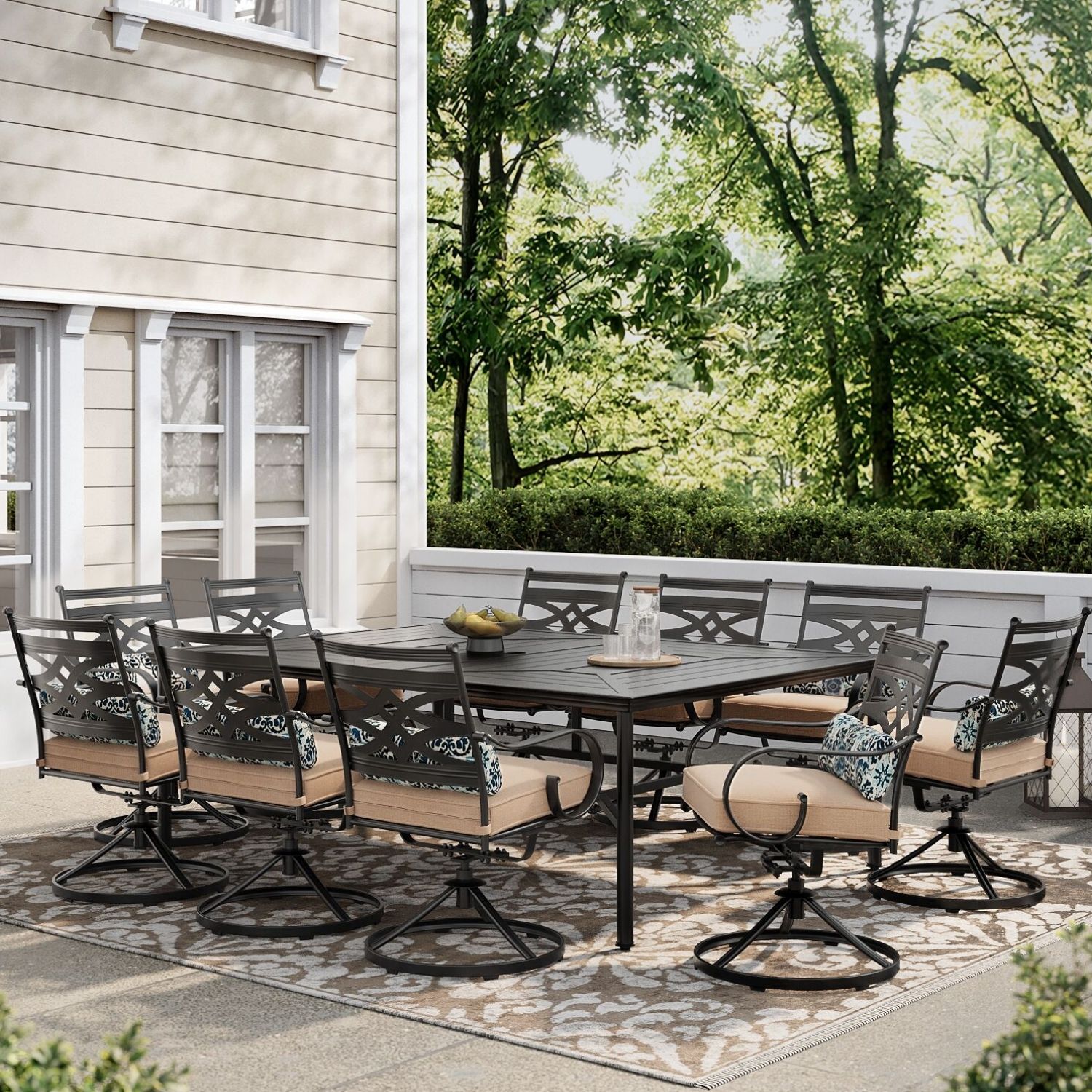 Hanover Montclair 11 Piece Brown Patio Dining Set Steel Rectangle Table with 10 Tan Cushions Swivel Chairs MCLRDN11PCSW10 TAN at Lowes