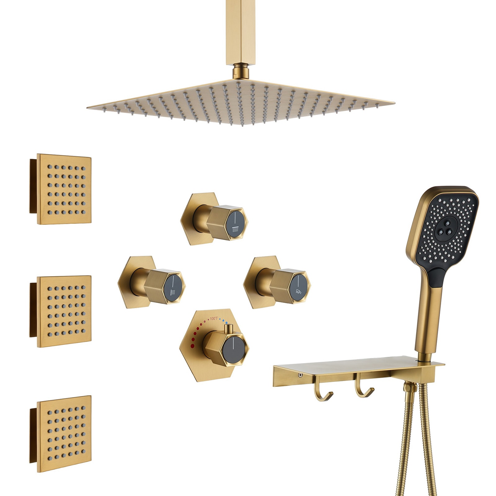 Mondawe WF-6347-BG Brushed Gold 12-in Built-In Shower Faucet System with 3-way Diverter ( Thermostatic Valve Included )