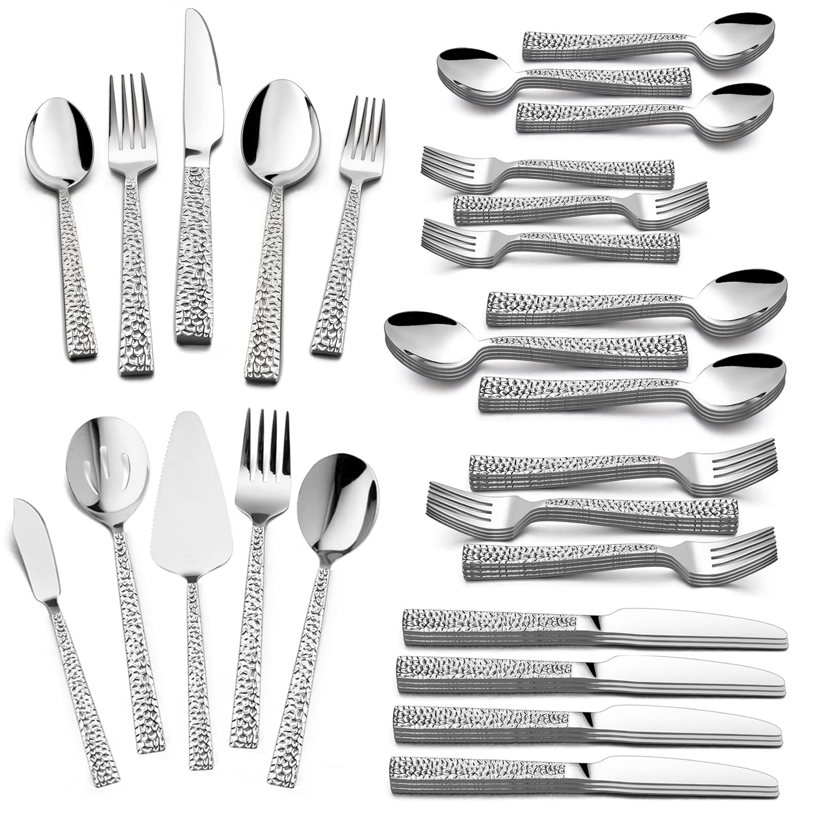 Aoibox  65 Piece Hammered 18 0 Stainless Steel Silver Flatware Serving Set for 12 with Square Edge Handles