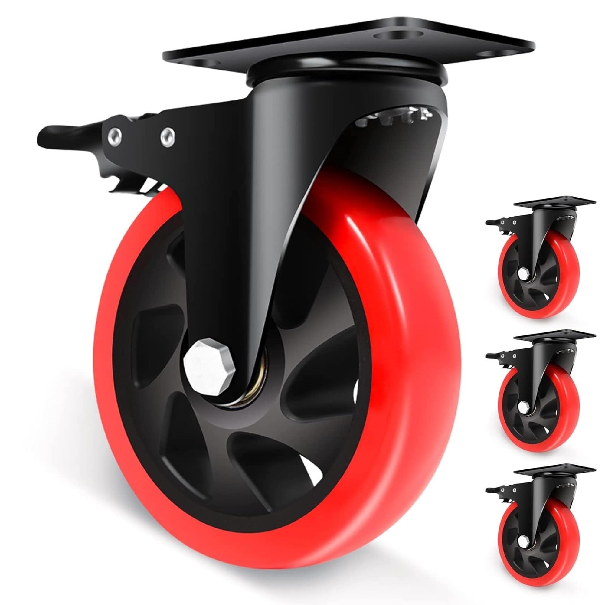 Numhew 5in 4-Feature Polyurethane Swivel Casters Set Heavy Duty Top Plate with Brake Industrial Gray Wheels #NHBEN45594