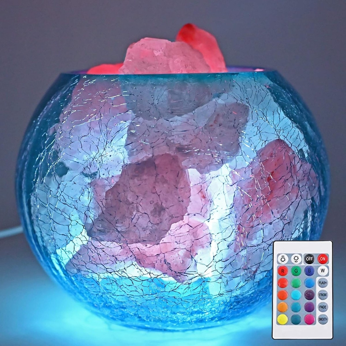 Pacrigo  Multicolor Crystal Salt Lamp with Remote Control 16 Colors and 4 Modes USB Powered 5.9 Inch 4.41 Lbs Ice Cracked Glass Bowl for Bedroom Yoga Office Decor