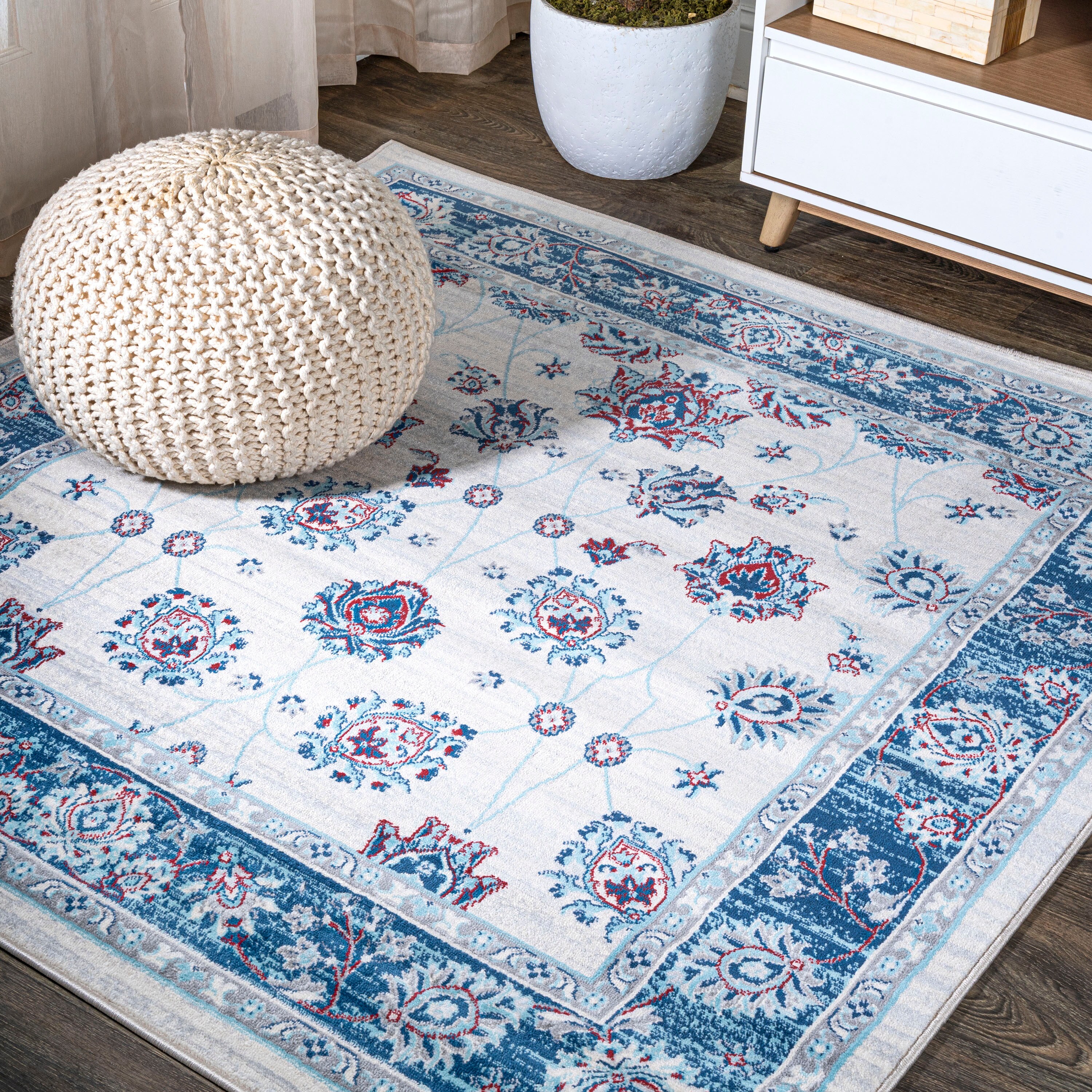 JONATHAN  Y MDP101C-6SQ MODERN PERSIAN Vintage Moroccan 6 x 6 (ft) Loomed Polypropylene Blue/Ivory/Red Square Indoor Medallion Persian Area rug