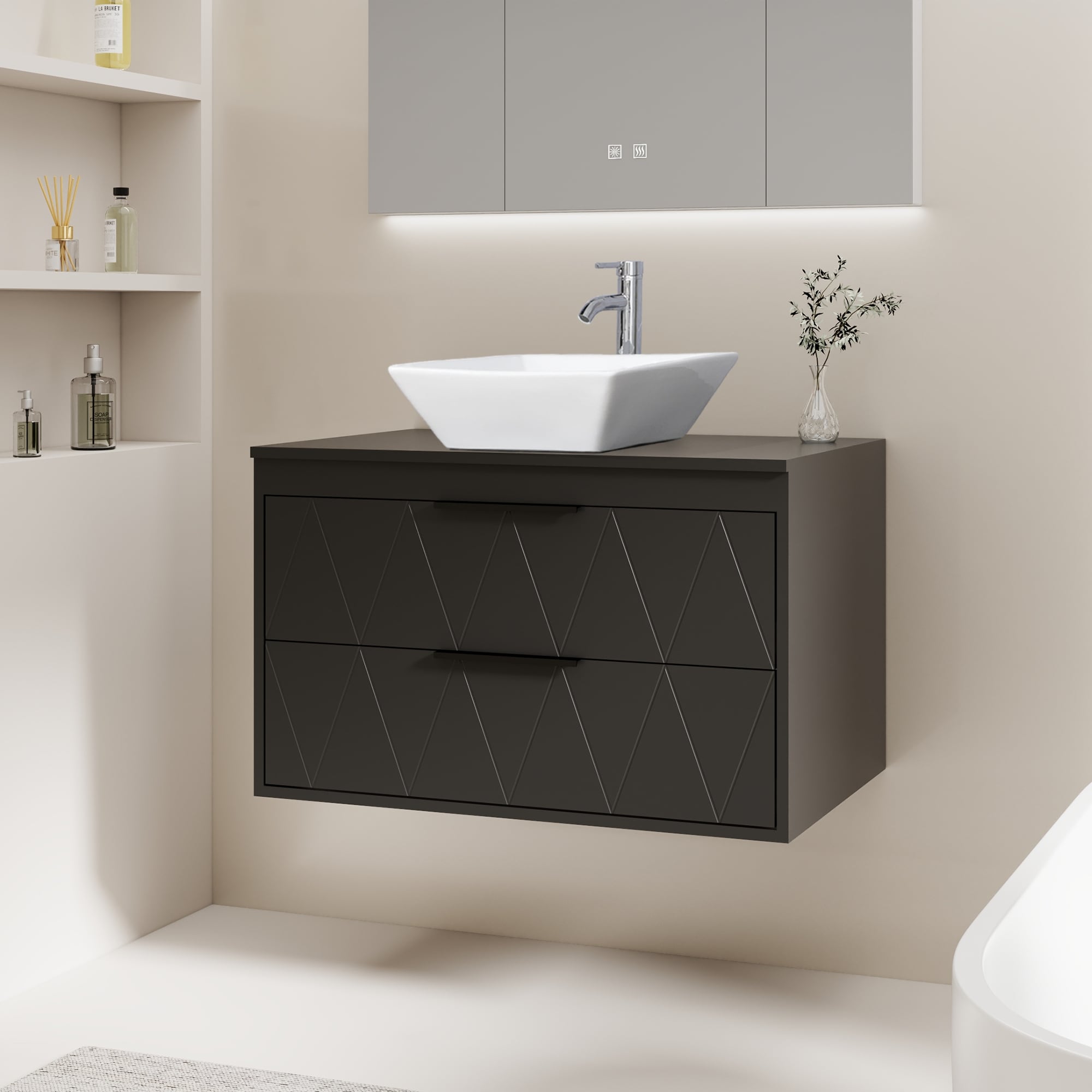 eclife - 30 inch Black Wall-Mounted Single Sink Bathroom Vanity with White Ceramic Vessel Sink Top