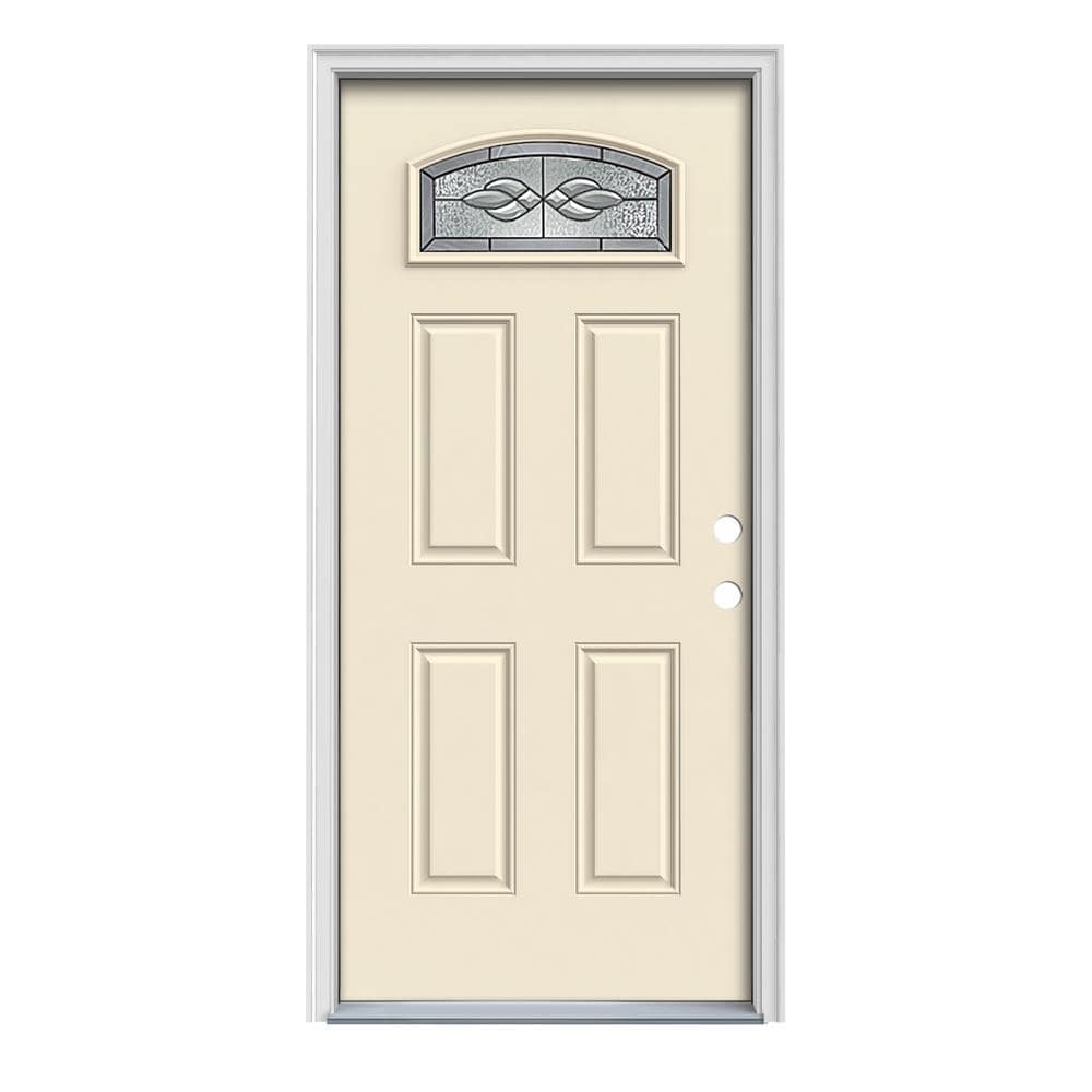 JELD-WEN LOWOLJW167600227 Hampton 32-in x 80-in x 4-9/16-in Steel 1/4 Lite Left-Hand Inswing Bisque Painted Prehung Front Door with Brickmould Insulating Core