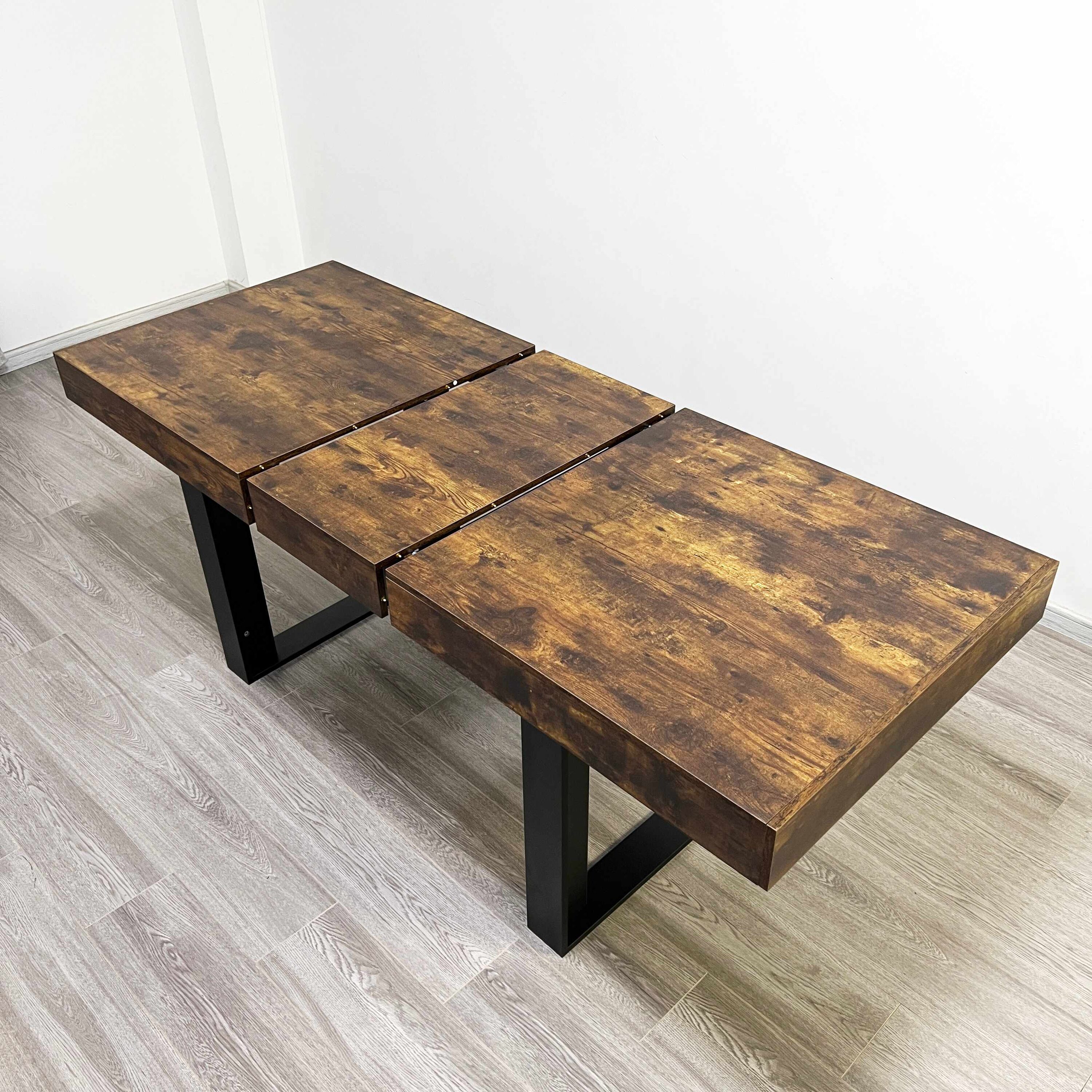 Vynxaria LEXY1948-DJCF-CZ043 Modern Farmhouse Deep Rustic Brown Particle Board 63 in Trestle Base Extendable Dining Table Seats 6 to 10