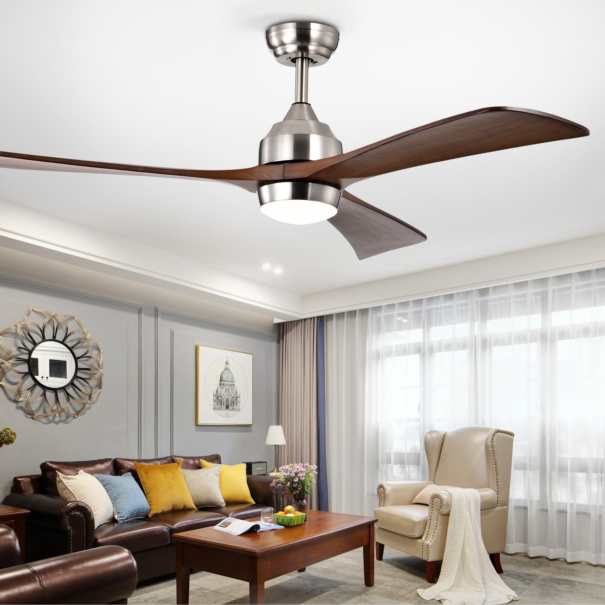 BABOOM BOM-592P153-OR 52 Color-Changing Integrated LED Satin Nickel with Walnut Blades Ceiling Fan With Light - Remote Included ( 3 -Blade )