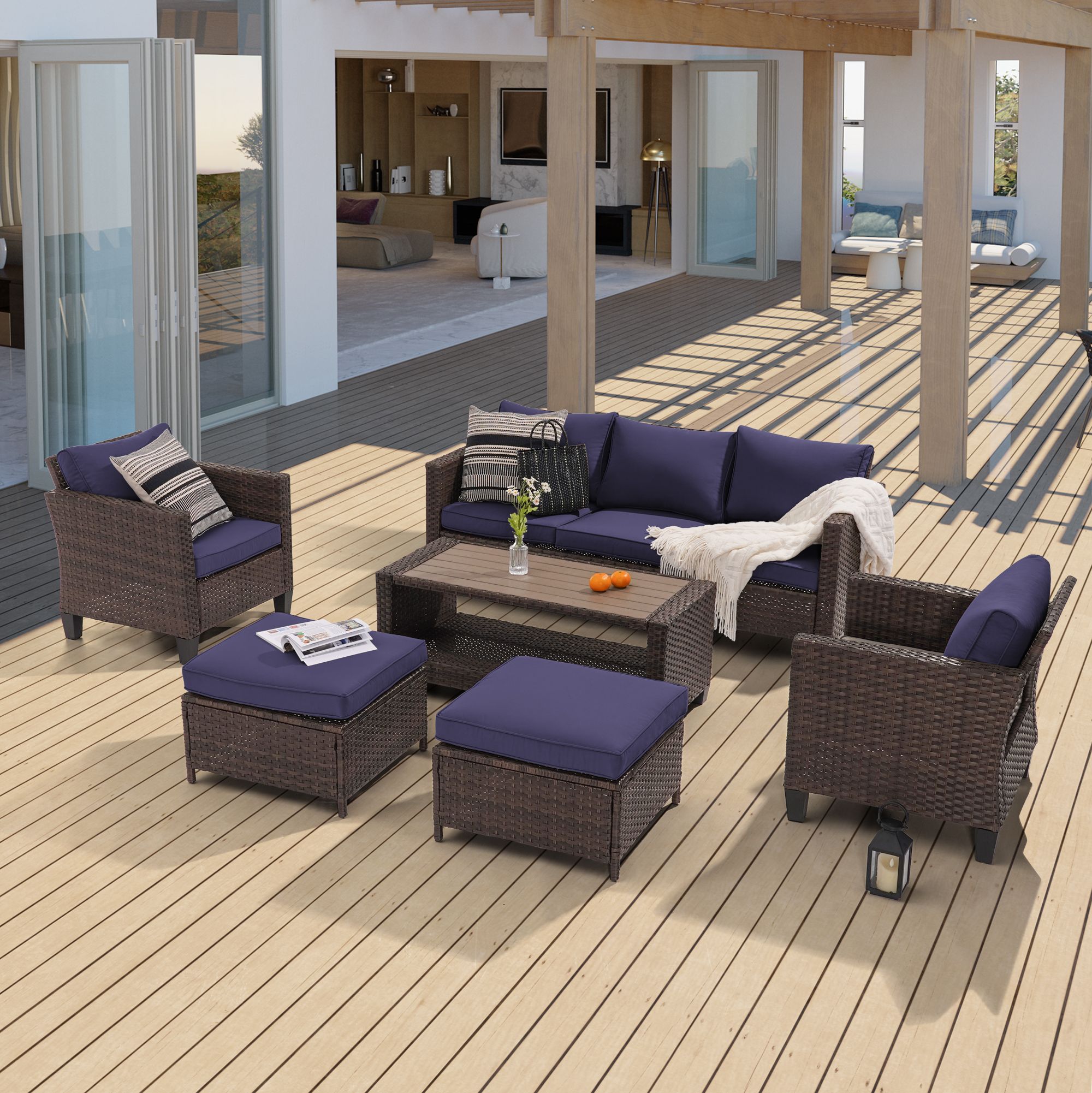 ACEGOSES LW-115BNY-T13 6-Piece Wicker Patio Sofa Conversation Set with Blue Cushions