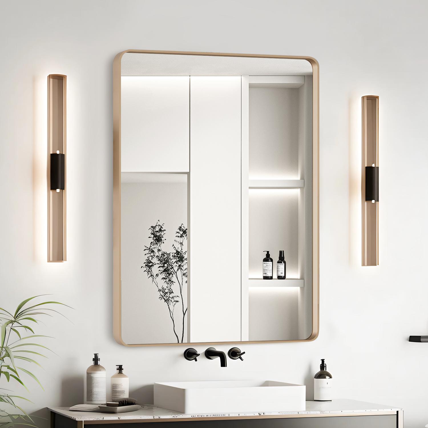 Bayfeve Bathroom Mirror 22-in x 30-in Framed Rectangle Bathroom Vanity Mirror ( Gold )