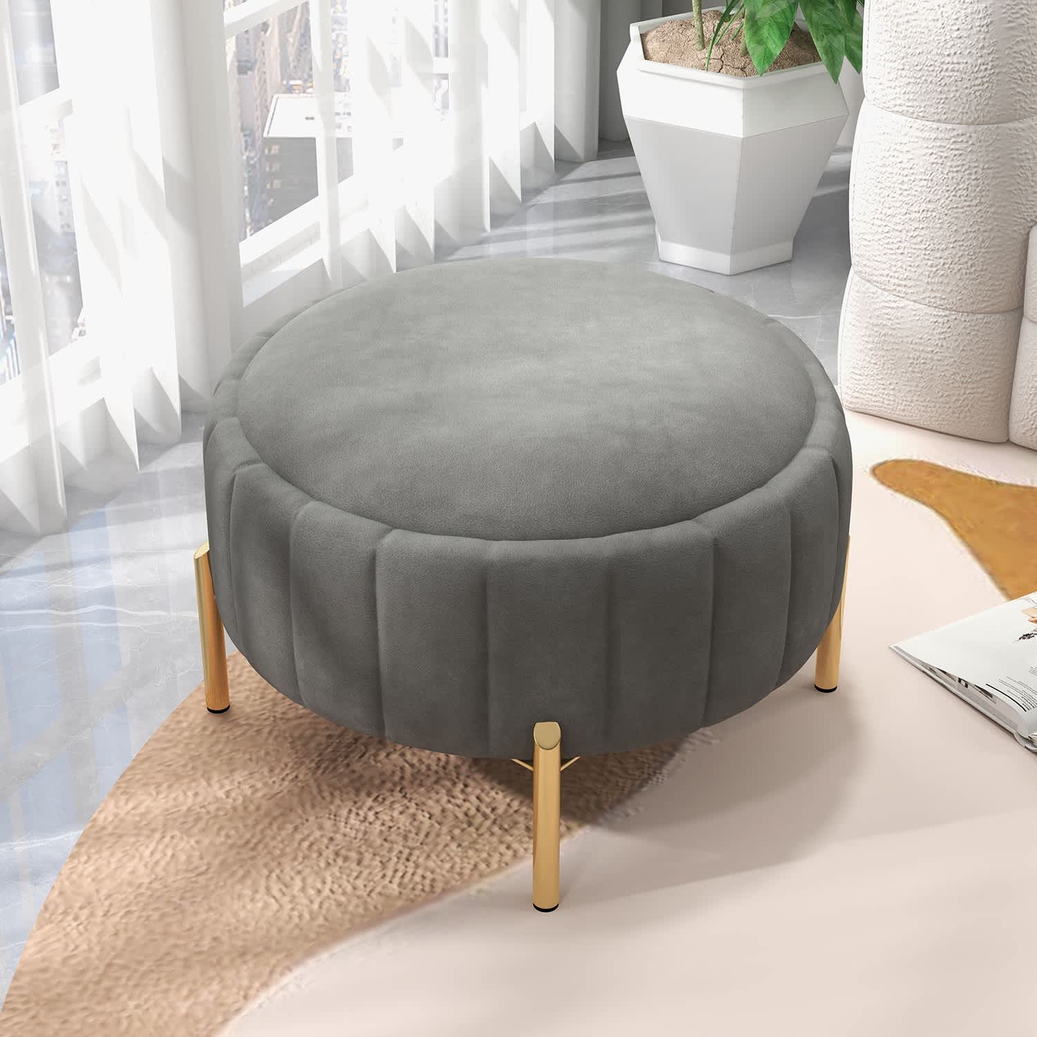 SEYNAR XY625-GREY Modern Velvet Round Storage Ottoman with Gold Legs
