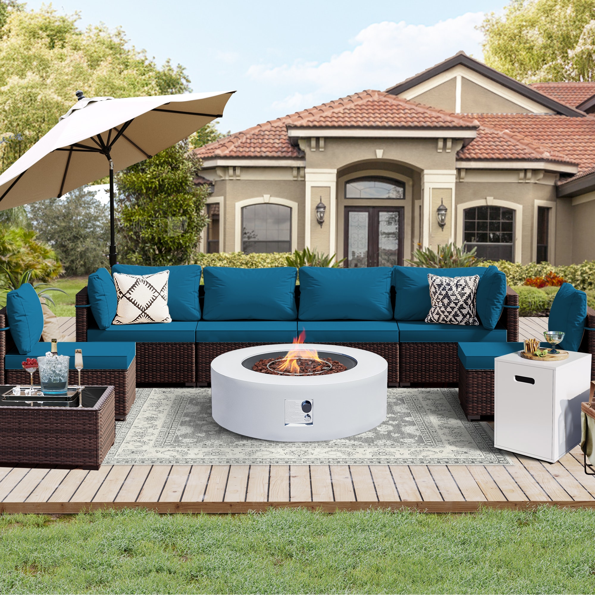 UPHA PL-2CZ-42TPWH-Z3 Brown Wicker Patio Furniture Set 9 -Piece Wicker 4 Patio Sofa Conversation Set with Blue Cushions