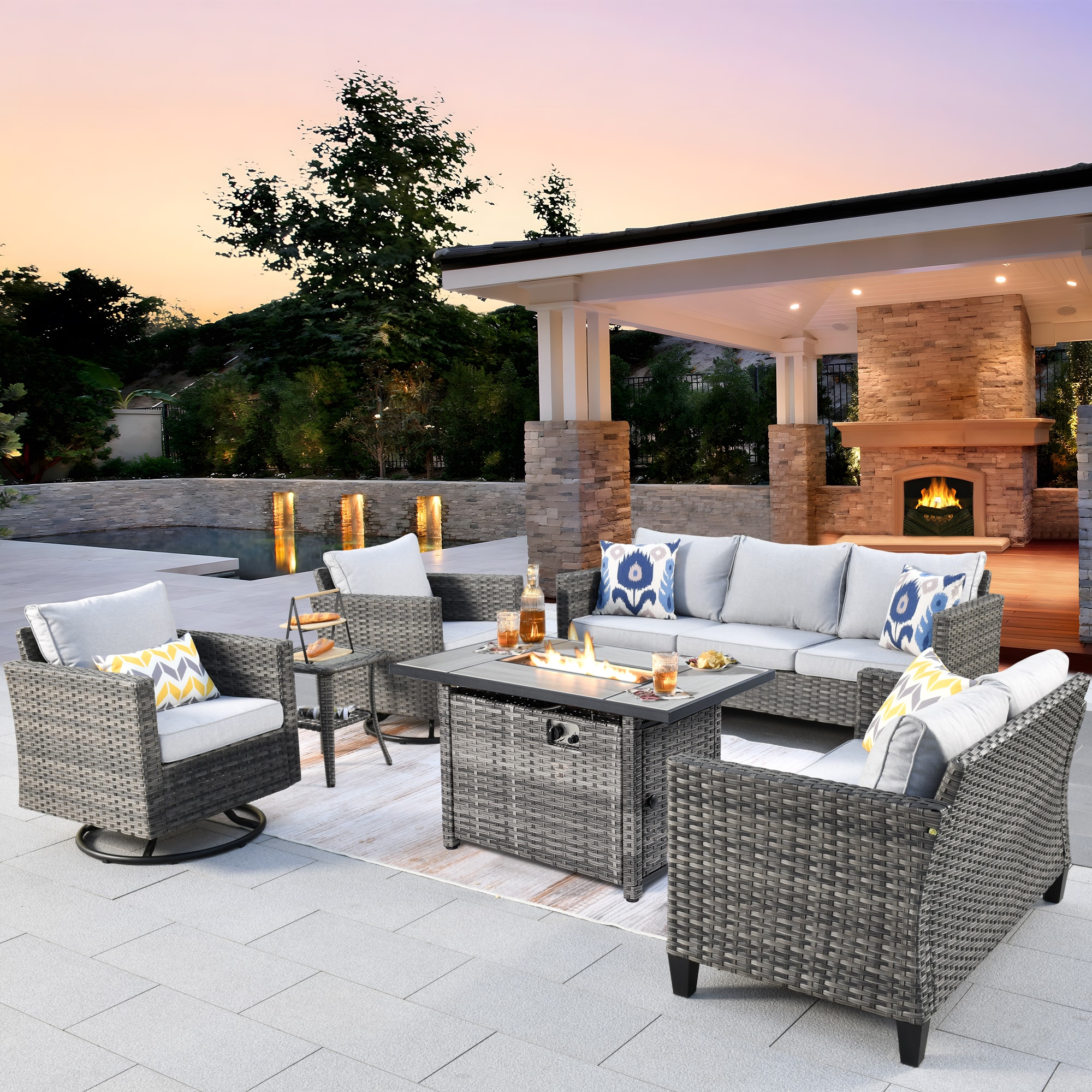 Pouuin SRFPYZGRS708 6 -Piece Wicker Patio Sofa Conversation Set with Gray Cushions