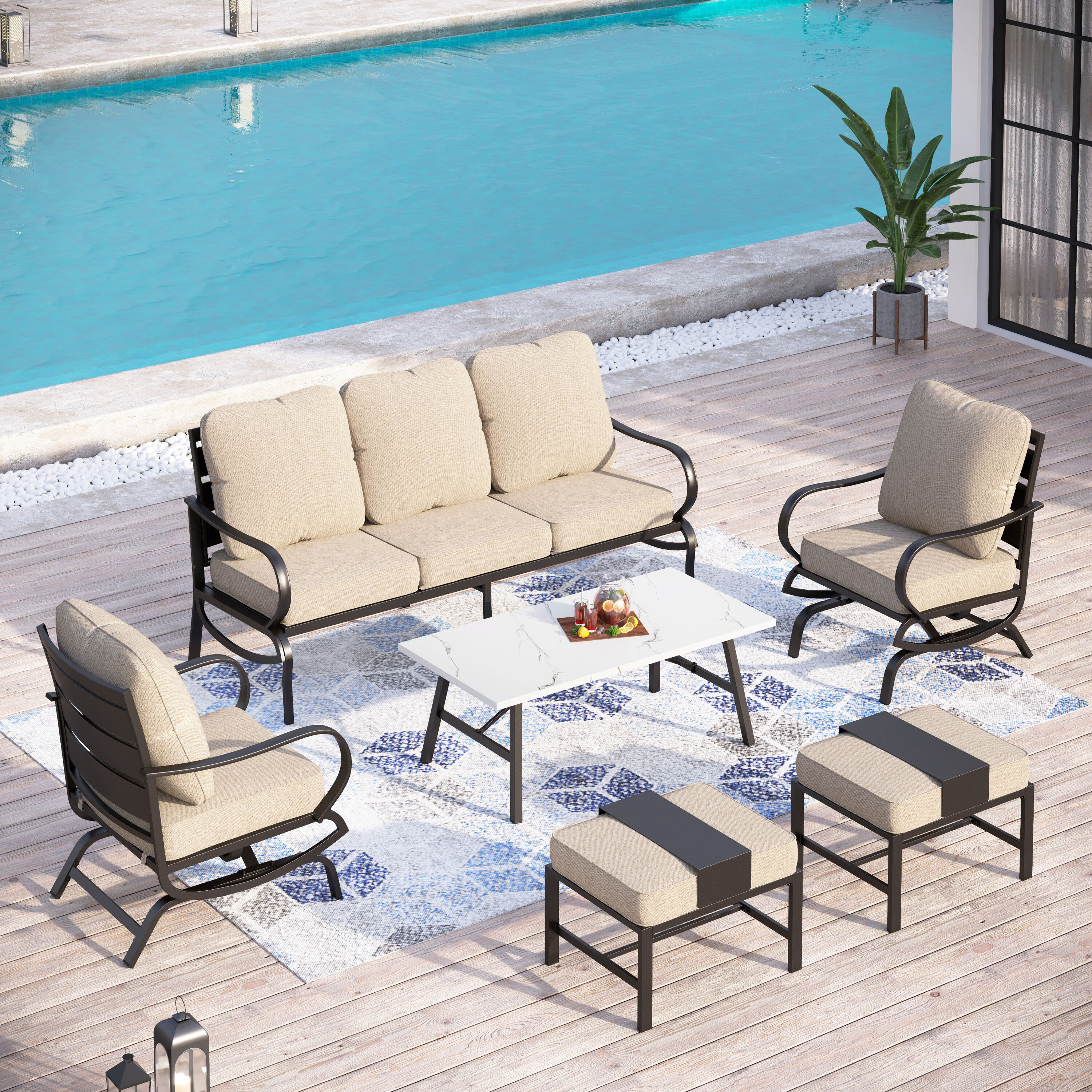 Sunshine Valley CP001-03-7 6-Piece Patio Sofa Conversation Set with Tan Cushion Pro Cushions