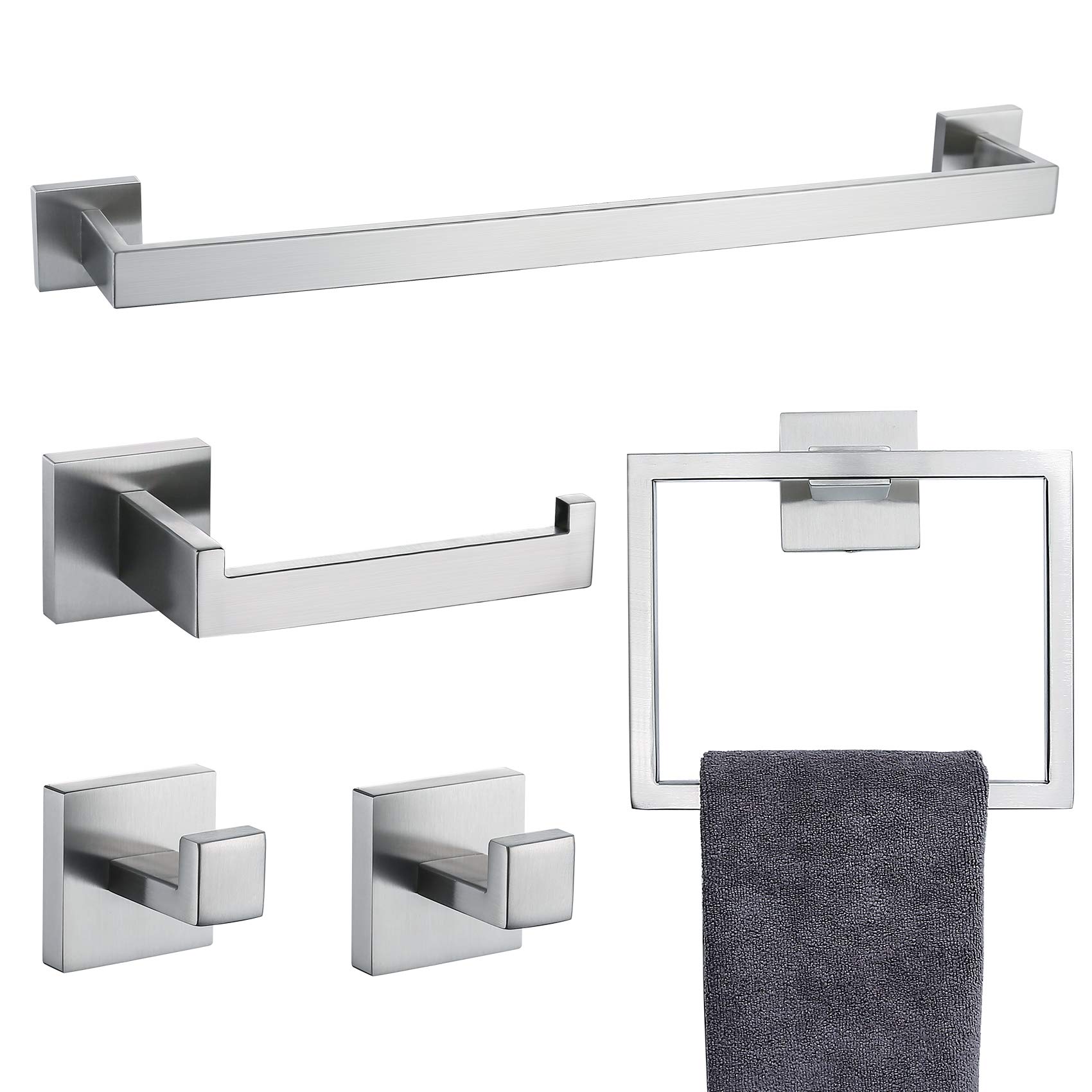 WELLFOR GGZP-121944BN 5 -Piece Stainless Steel Brushed Nickel Decorative Bathroom Hardware Set Towel Bar, Toilet Paper Holder, Towel Ring ,Robe Hook Included