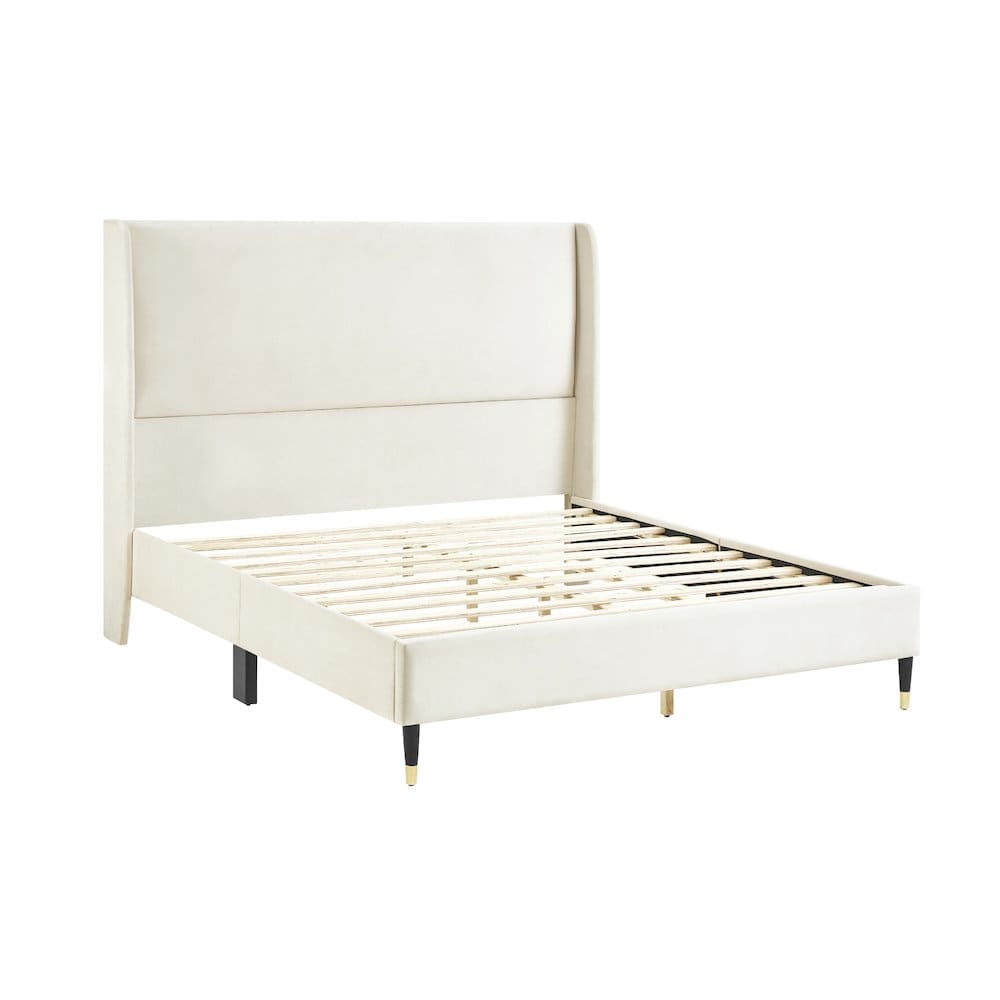 Roundhill Furniture - Rozitta Beige Velvet Wingback Platform Bed Queen