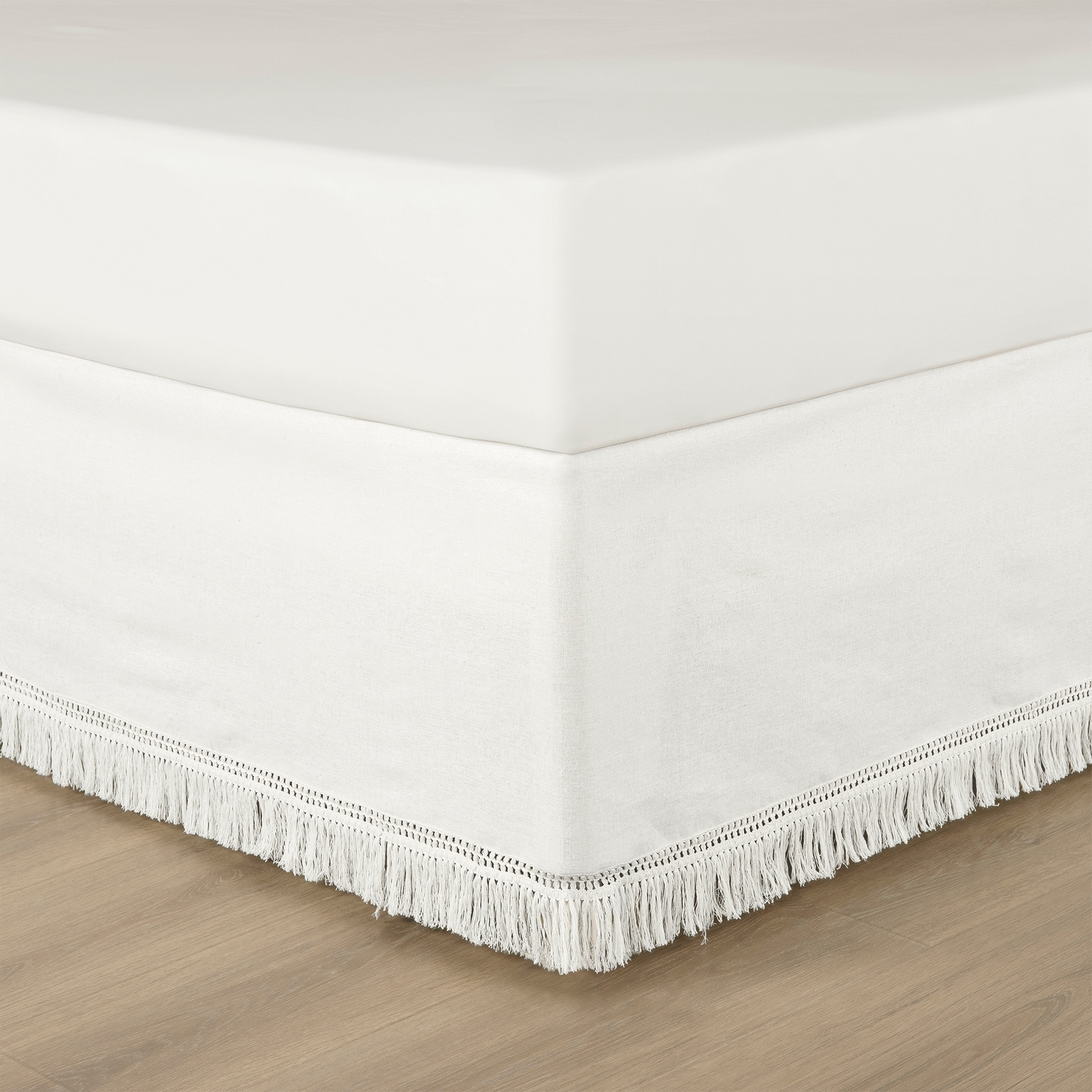 Pure White Queen Cotton Linen Boho Fringe Bed Skirt