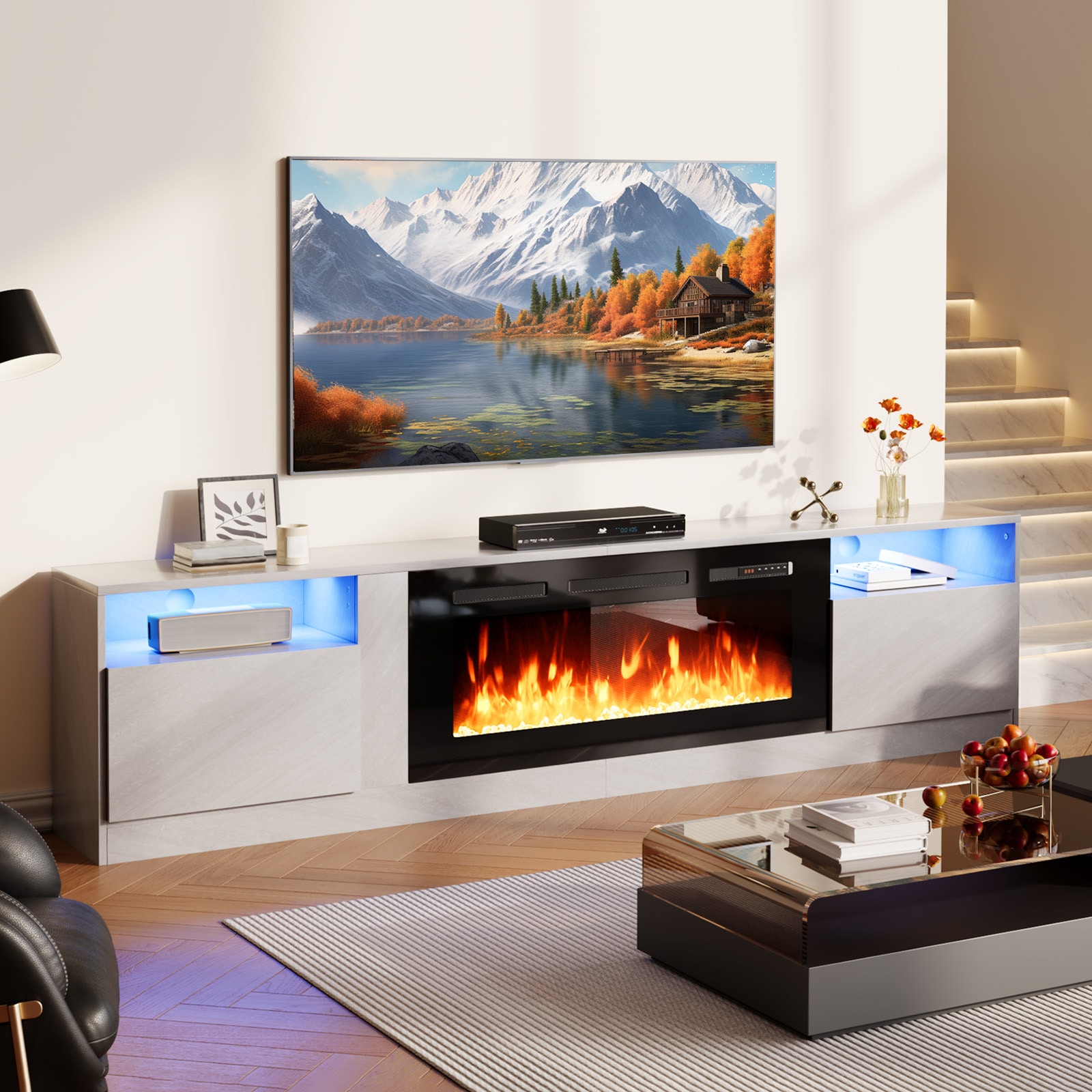 Bapipro TE22A28G 80-in W Gray TV Stand with Infrared quartz Flat wall Electric Fireplace with Remote Control Included