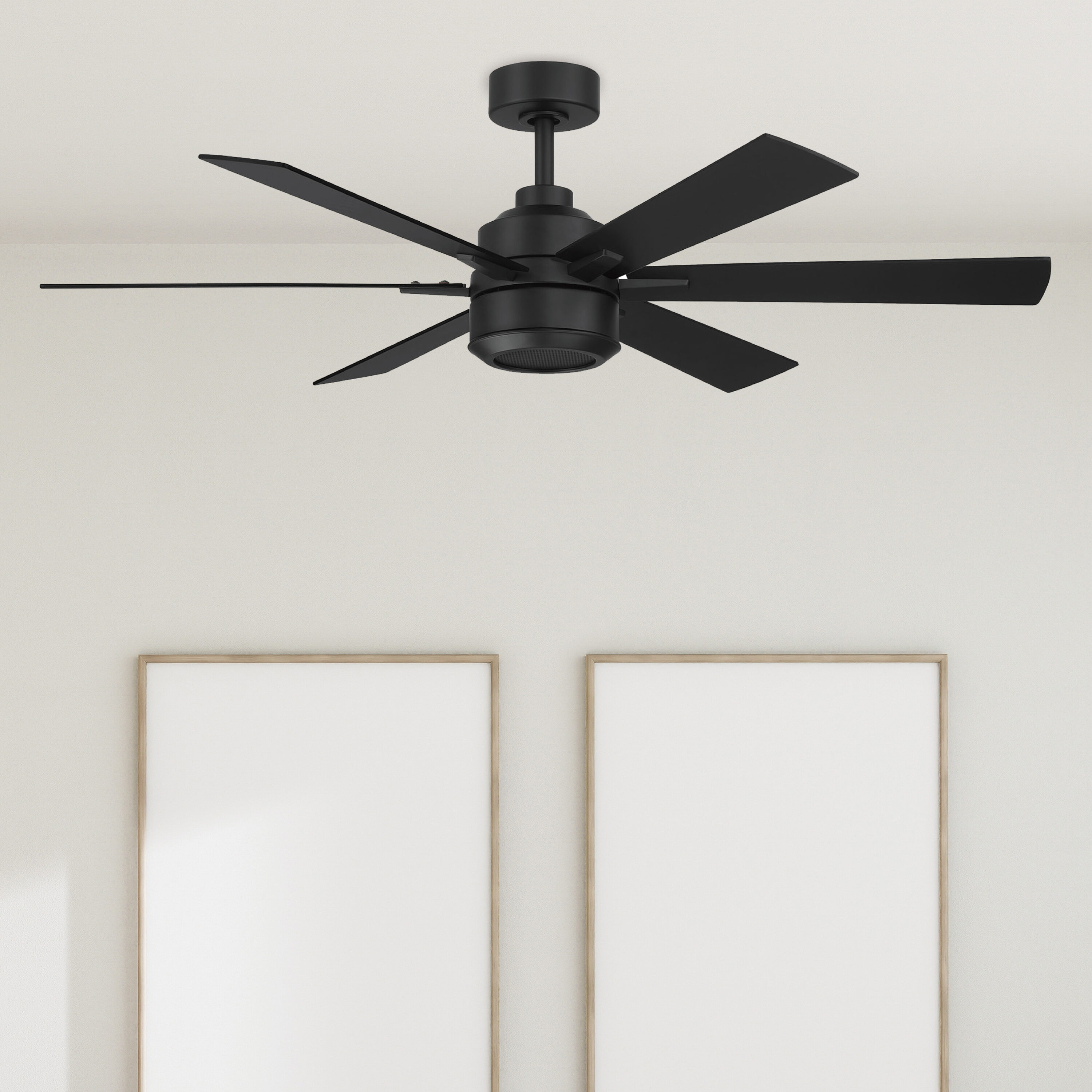Harbor Breeze AR44-52MBK SpeakWell Bluetooth 52-in Outdoor Matte Black with Black/Dark Teak Blades Ceiling Fan Without Light - Remote Included ( 6 -Blade )