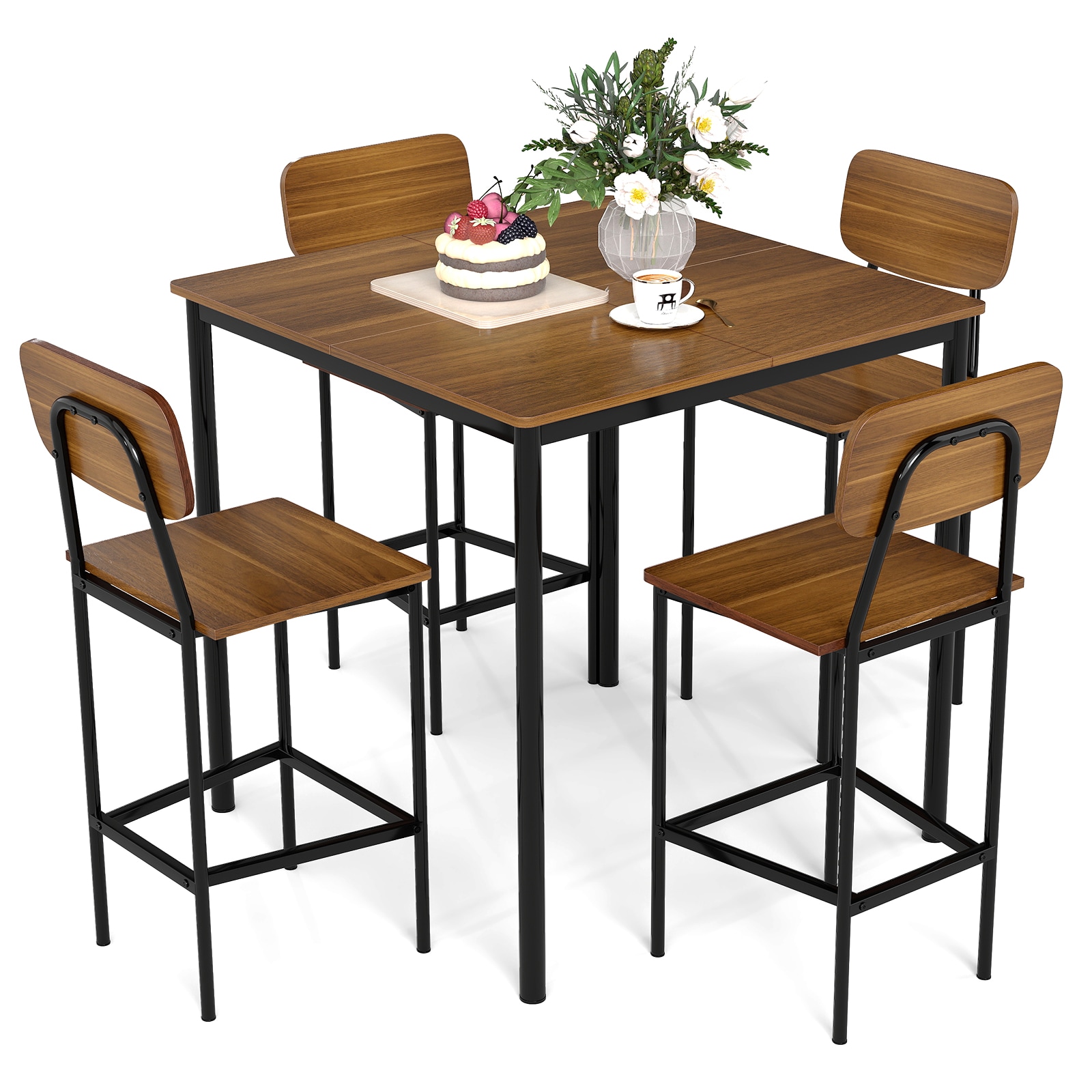 Slickblue D-CO-NB18145CK Walnut/Gray/Coffee/Teak Industrial Dining Room Set with 36x36 Square Table (Seats 4) Counter Height Bar Stools Included for Apartments Condos Kitchens or Bars