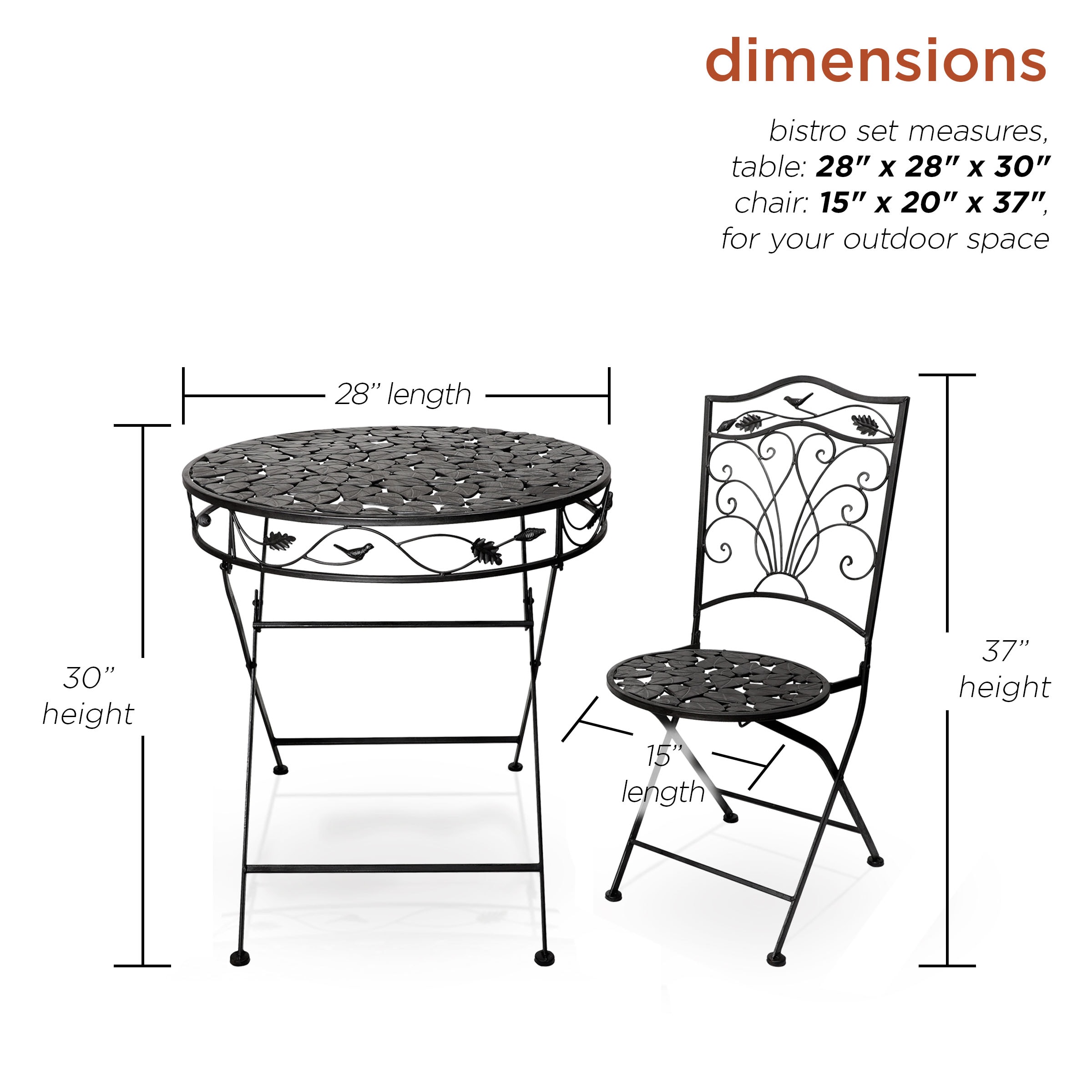 Black Iron 3-Piece Garden Bistro Set with Leaf Design