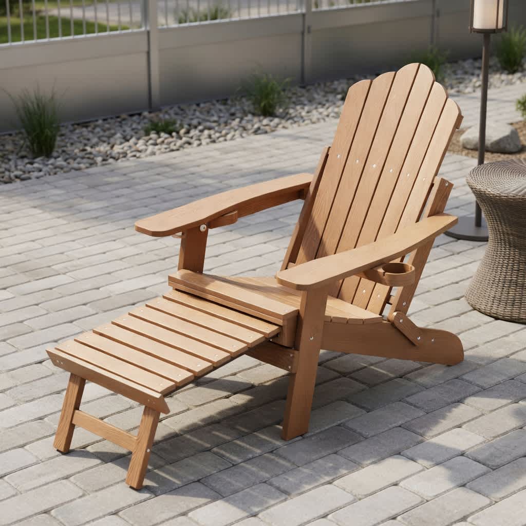 VERYKE AllWeather Folding Adirondack Lounge Chair with Retractable Footrest Rotating Cup Holder HIPS + Stainless Steel 400 lb Capacity Black Brown
