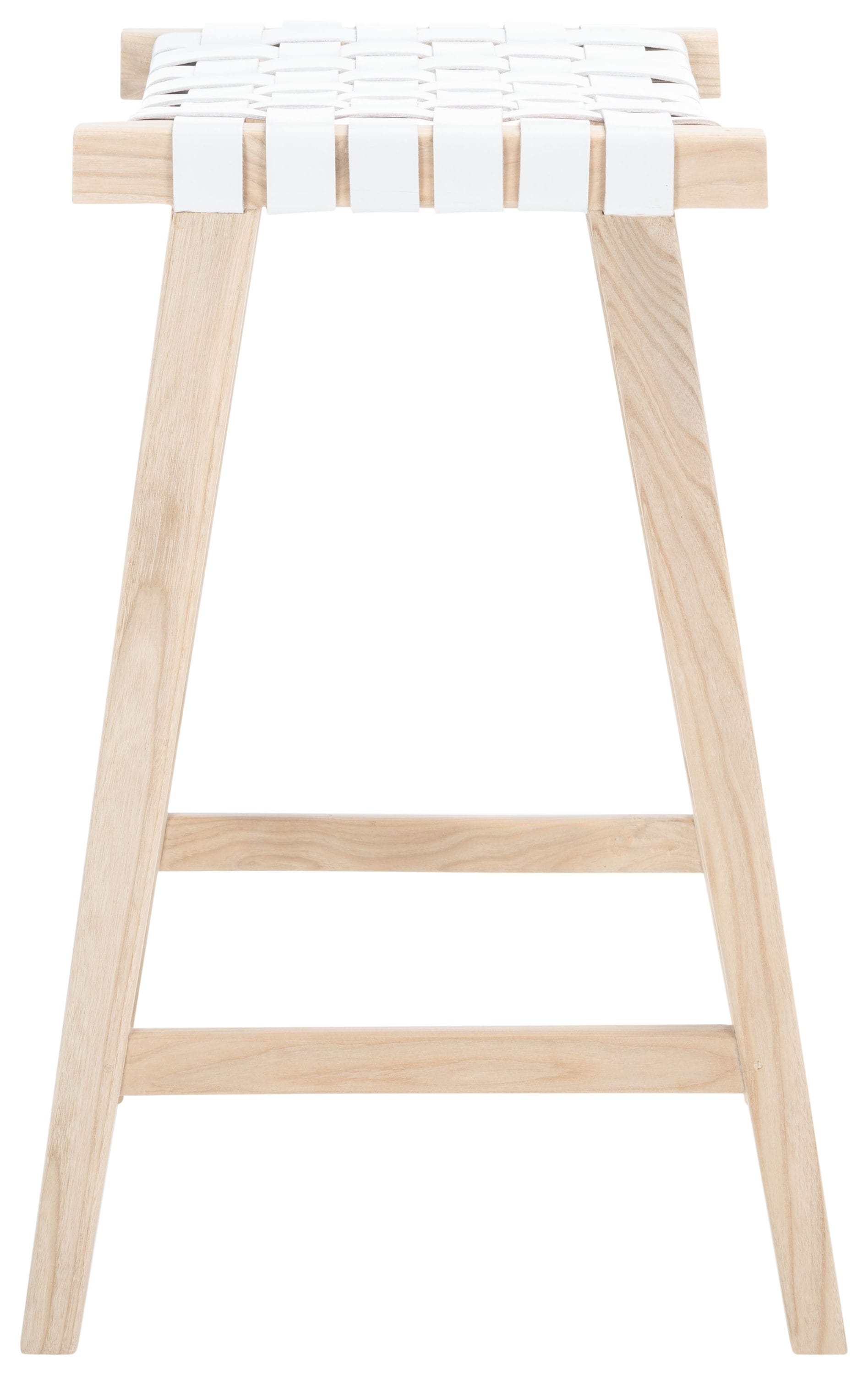 Airy Coastal Charm White Leather and Wood Saddle Barstool