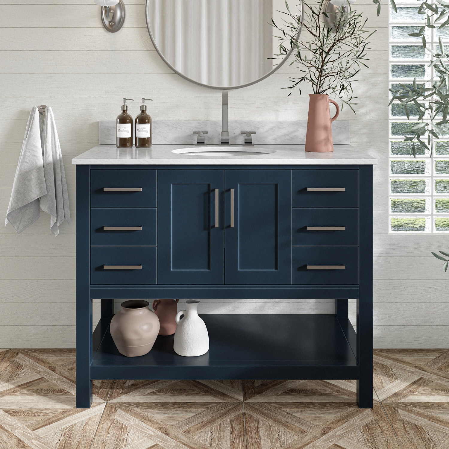 ARIEL S043SCW2OVOMNB Magnolia 43-in Midnight Blue Undermount Single Sink Bathroom Vanity with 0.75" Carrara White Marble Natural Marble Top