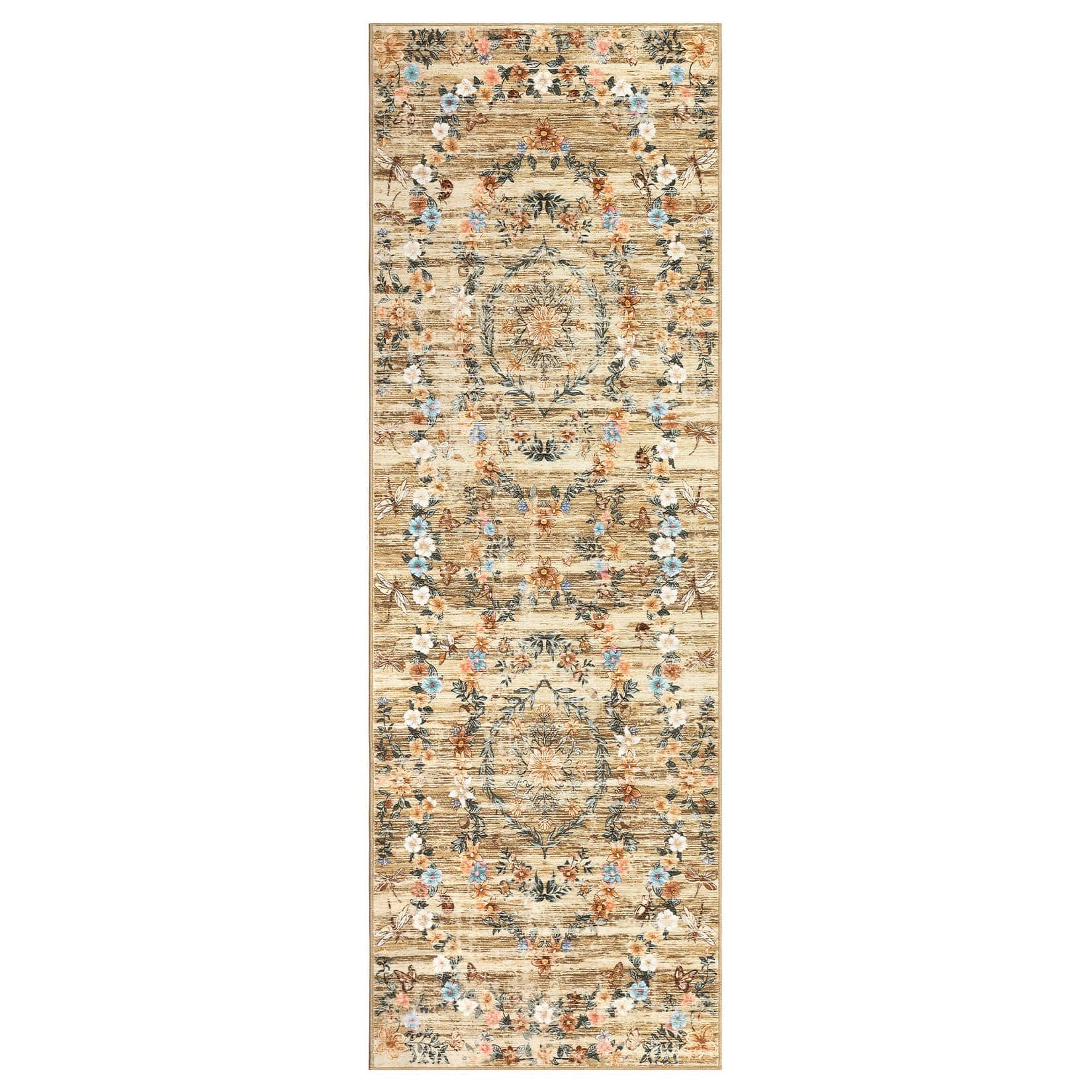 Qeetex LSN-PHK-34BNPNTQ 2 x 6 ft Polyester Brown Rectangular Hallway Bathroom Entryway Kitchen Office Foldable Flower Printed Washable Area Rug