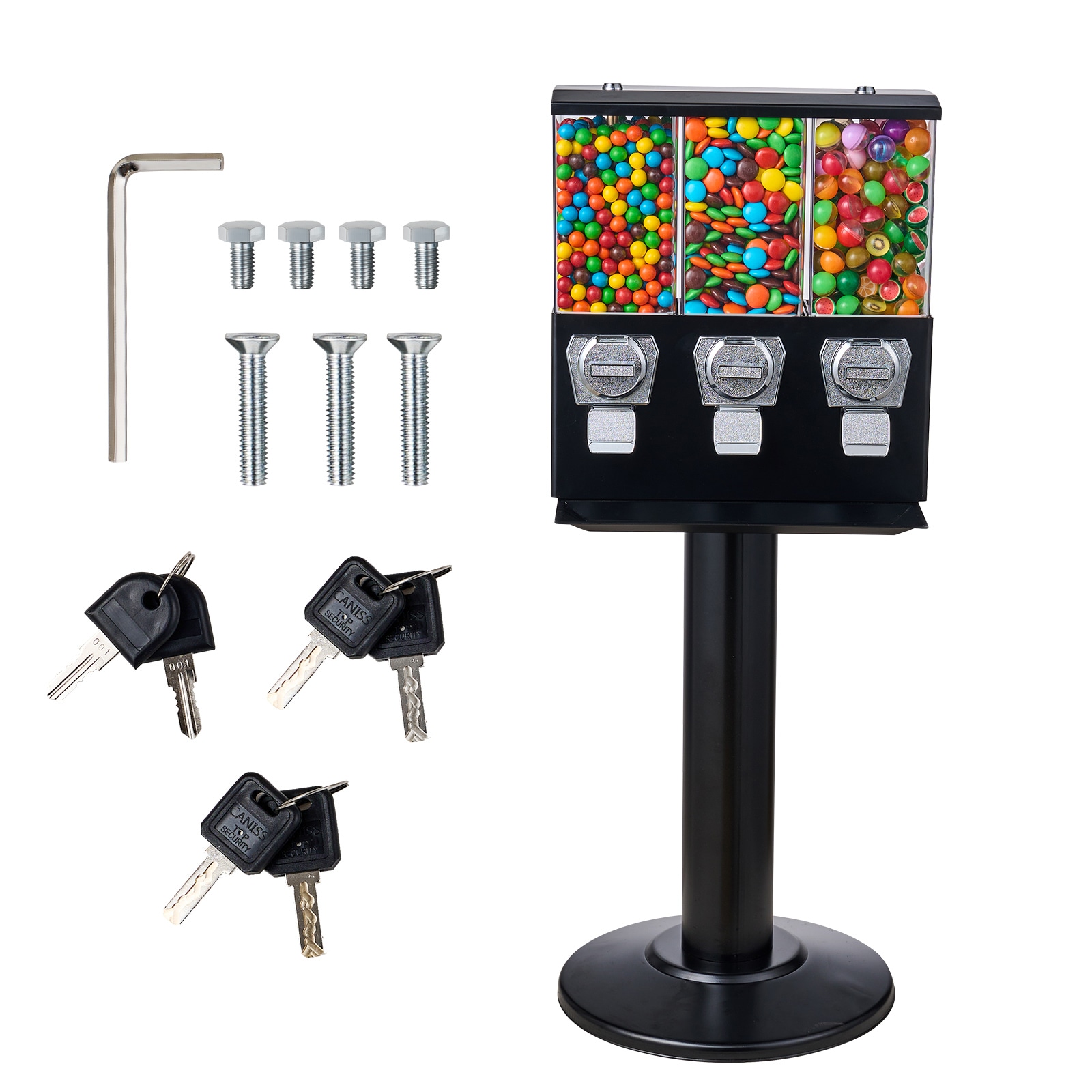 VEVOR SCLSTGFMJ3HS05107V0 Commercial Vending Machine  Triple Compartment Candy Dispenser with Iron Stand  Gumball and Candy Machine for Business  Coin Operated Gumball Bank for Toy Capsules Bouncy Balls Candy Nut  Black